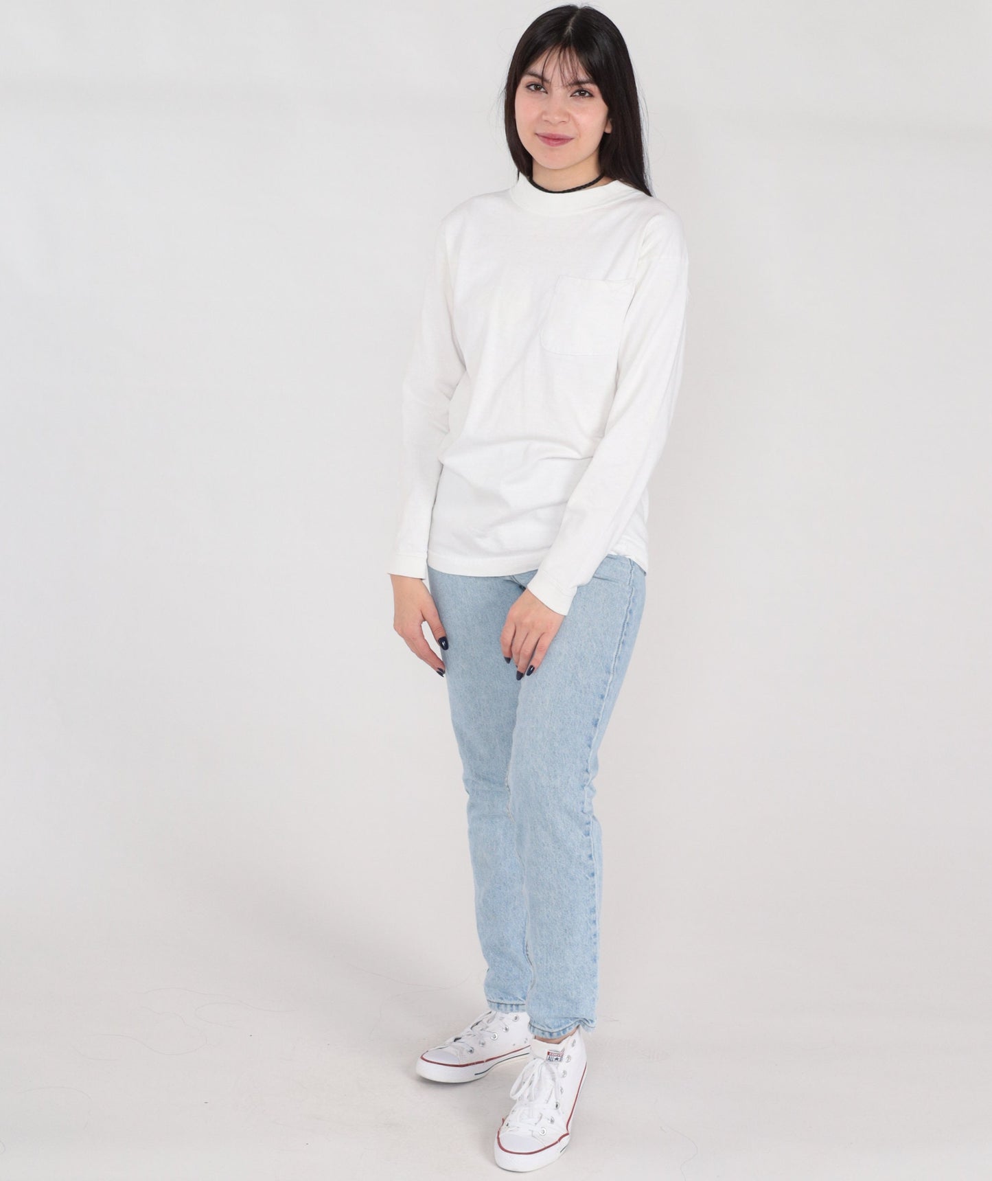 90s Plain White Cotton Long Sleeve Pocket Tee Crewneck Medium M