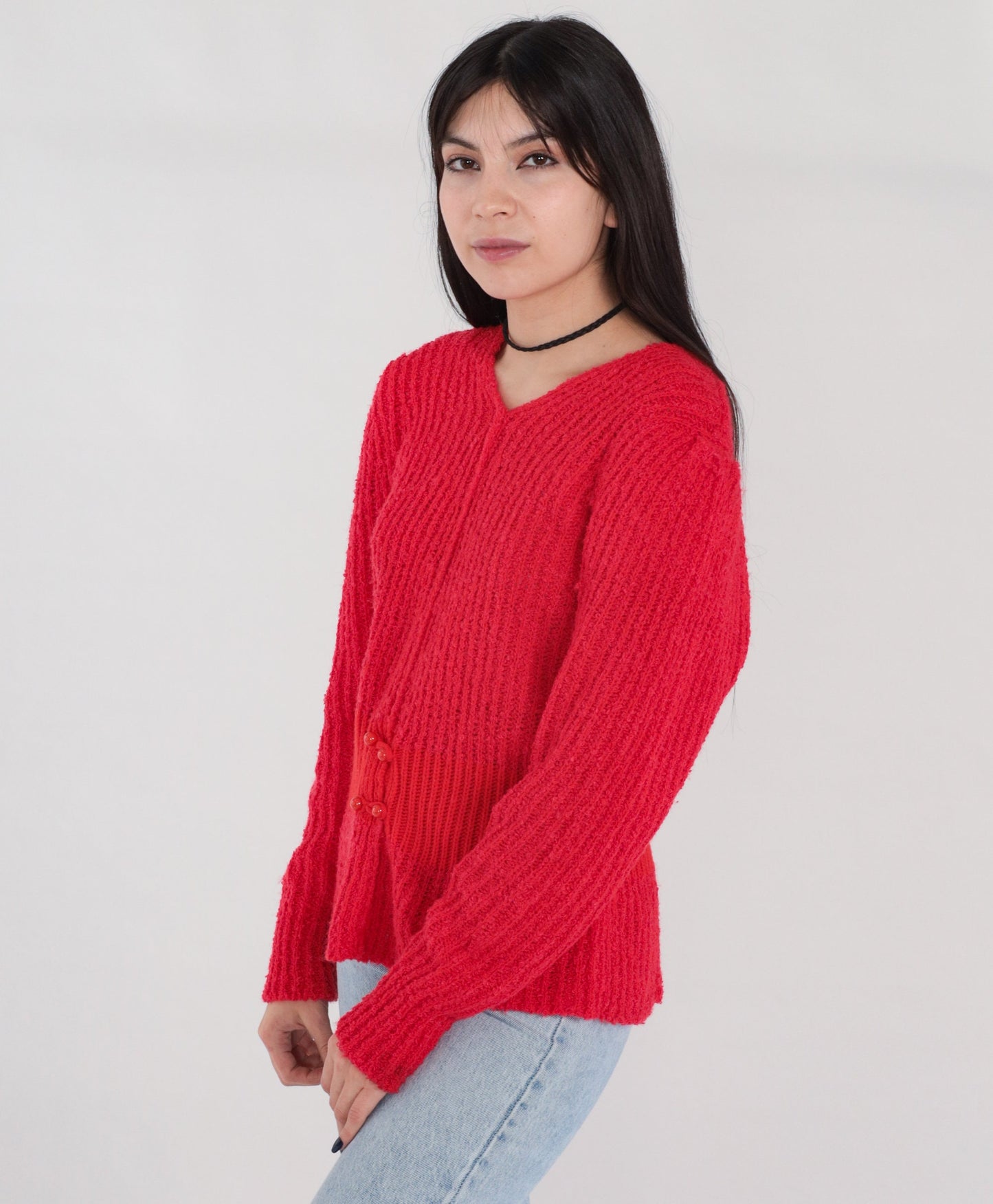 80s Red Ribbed Knit V-Neck Sweater Button Waist Medium