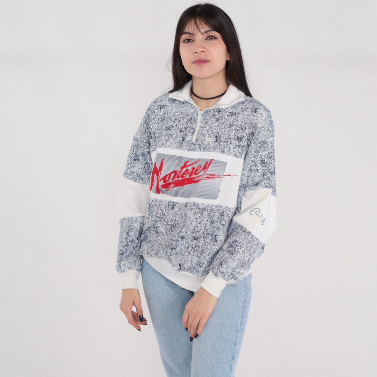 80s Monterey California Quarter Zip Sweatshirt Navy Marble Graphic Large L