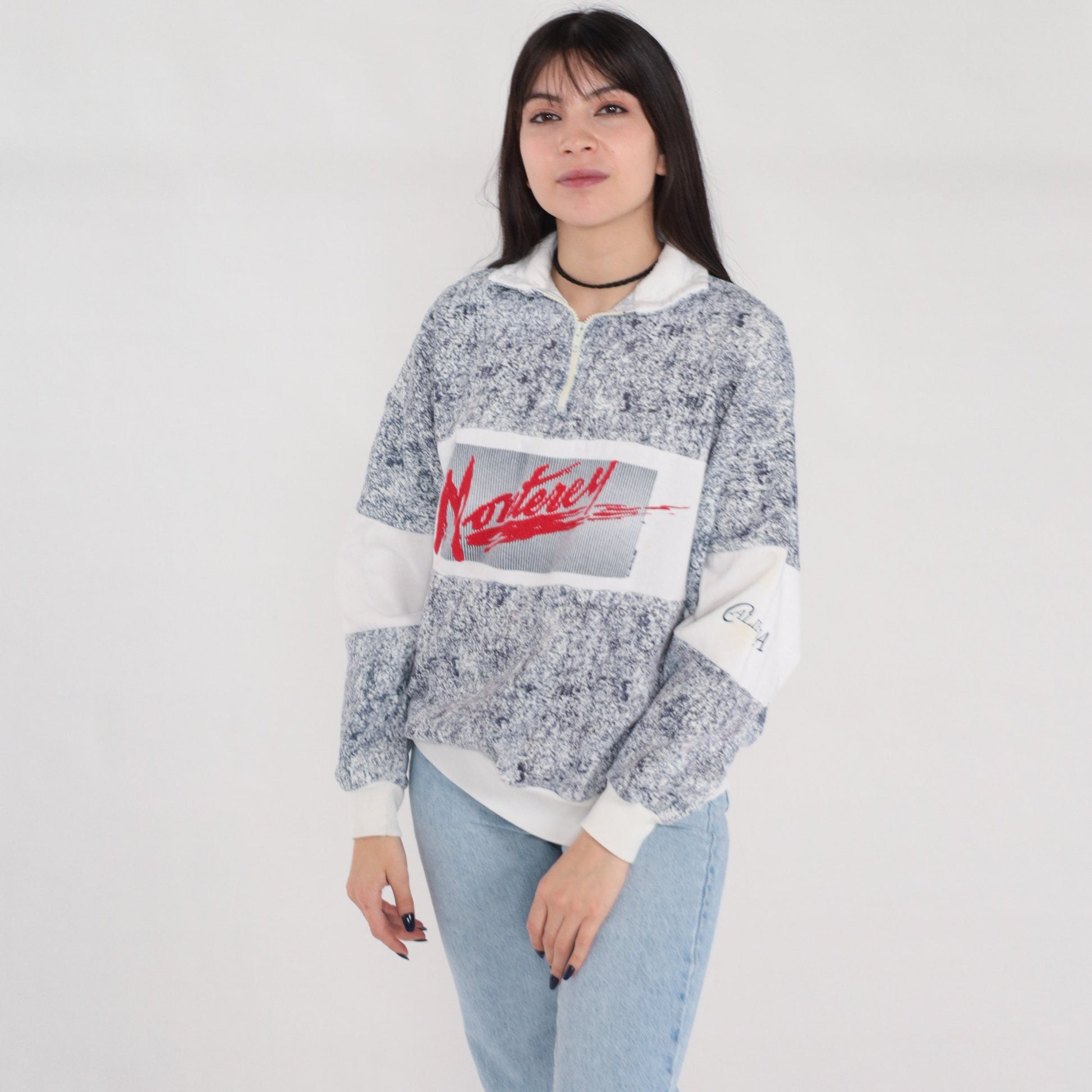 80s Monterey California Quarter Zip Sweatshirt Navy Marble Graphic Large L