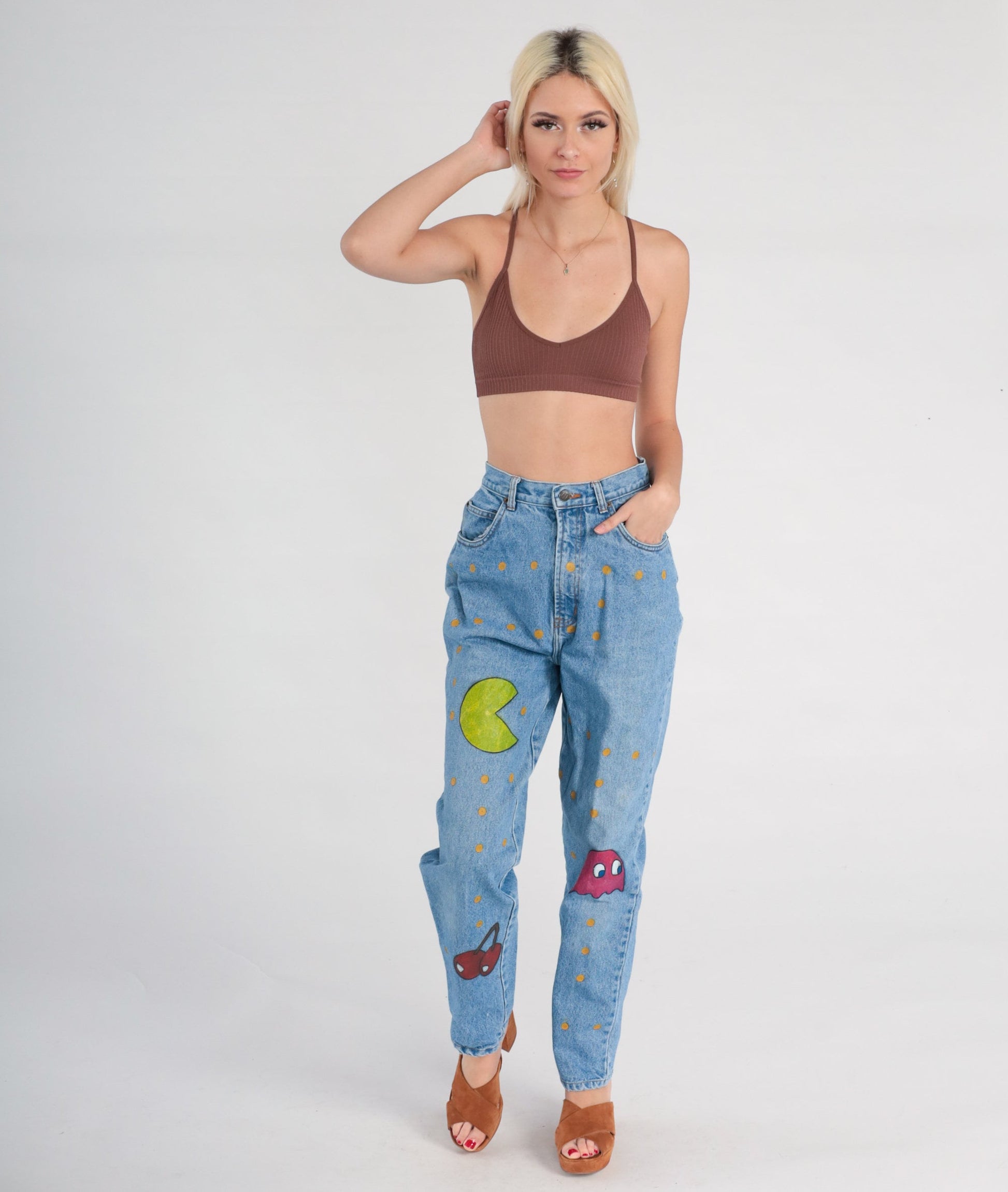 90s Pac-Man Hand Painted High Waist Tapered Jeans Blue Denim Small