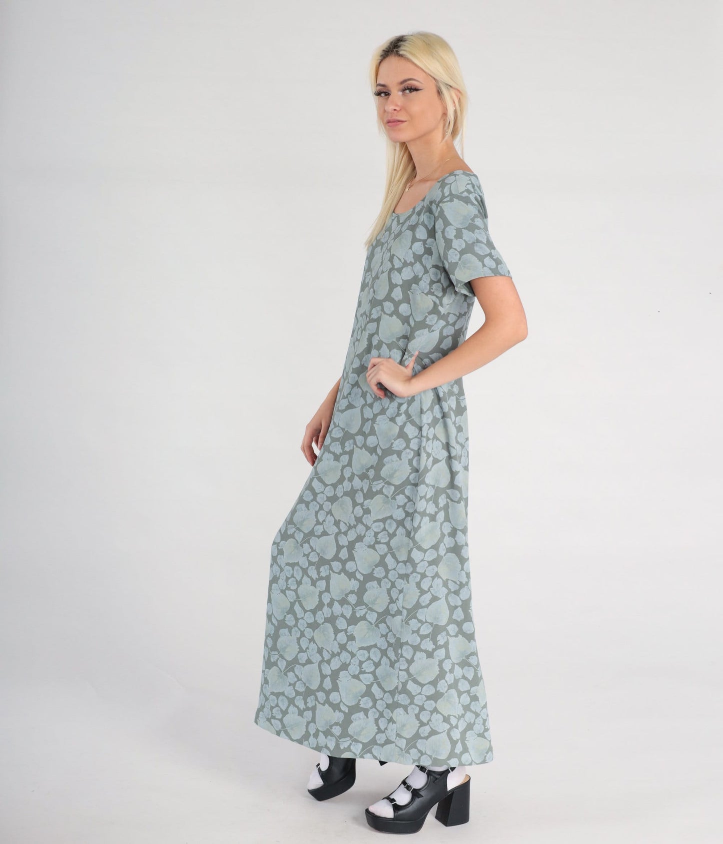 00s Liz Claiborne Botanical Maxi Dress Grey Blue Leaf Print Large