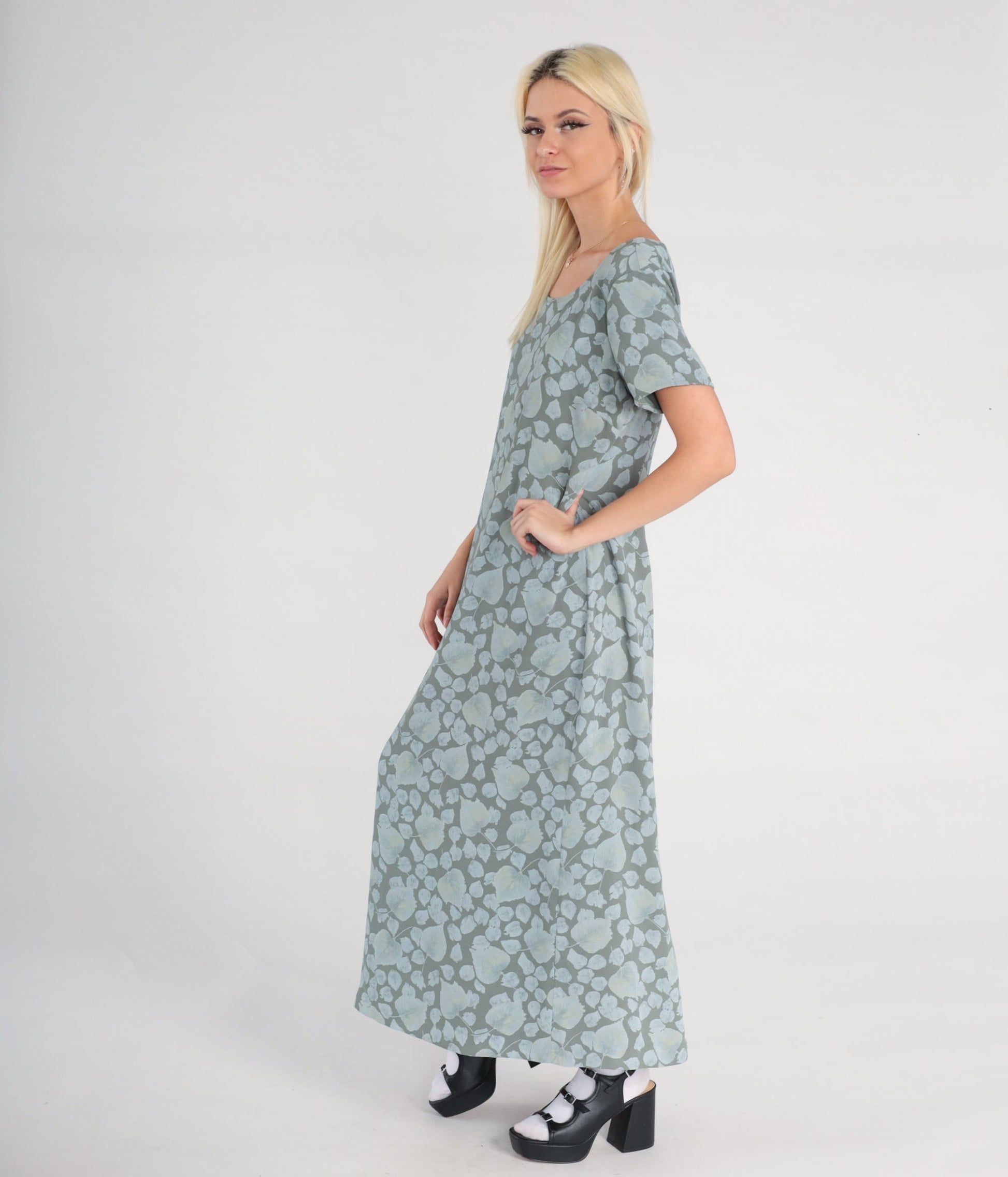 00s Liz Claiborne Botanical Maxi Dress Grey Blue Leaf Print Large