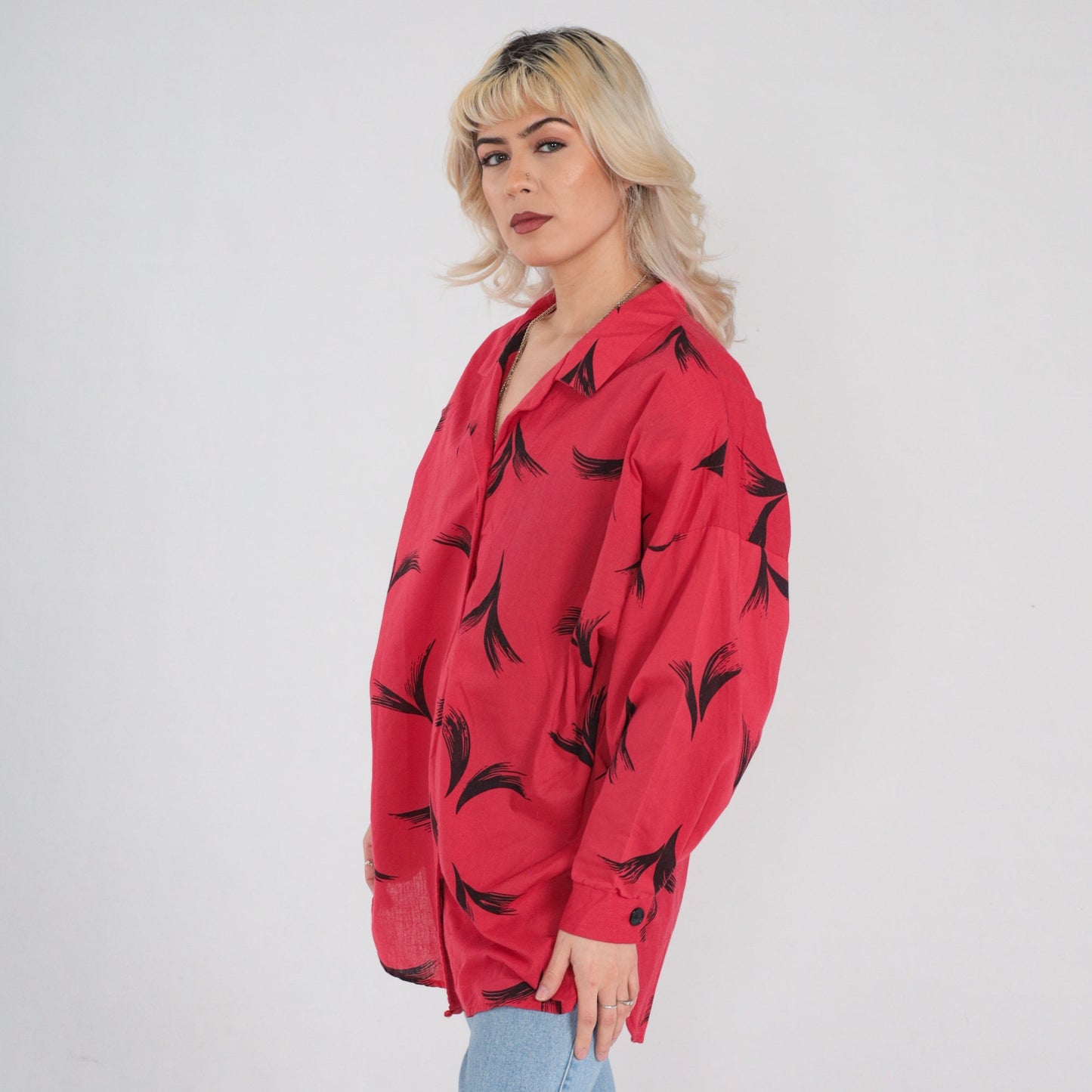 90s Red Button Up Blouse Black Abstract Feather Print Long Sleeve Extra Large