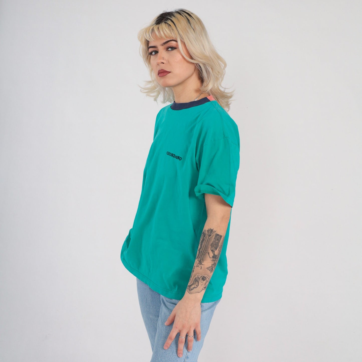 90s Giordano Embroidered Logo T-Shirt Green Navy Ringer Crewneck Medium M