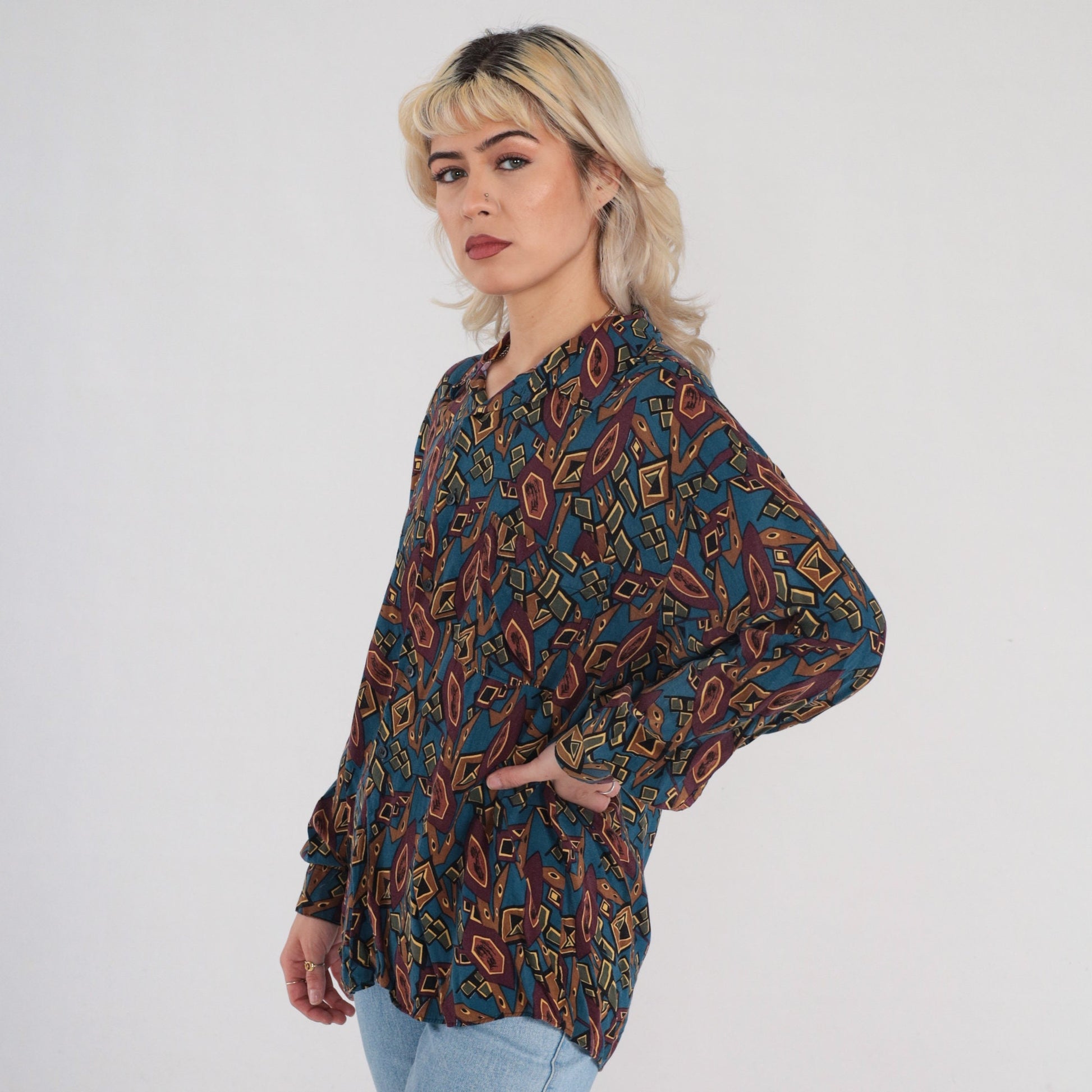 90s Abstract Geometric Button-Up Shirt Long Sleeve Multicolor Large