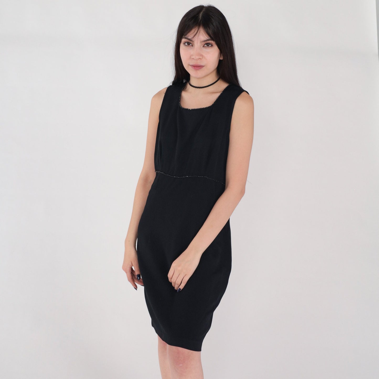 90s Black Mini Dress Beaded Sheath Sleeveless Rear Zip Medium 10