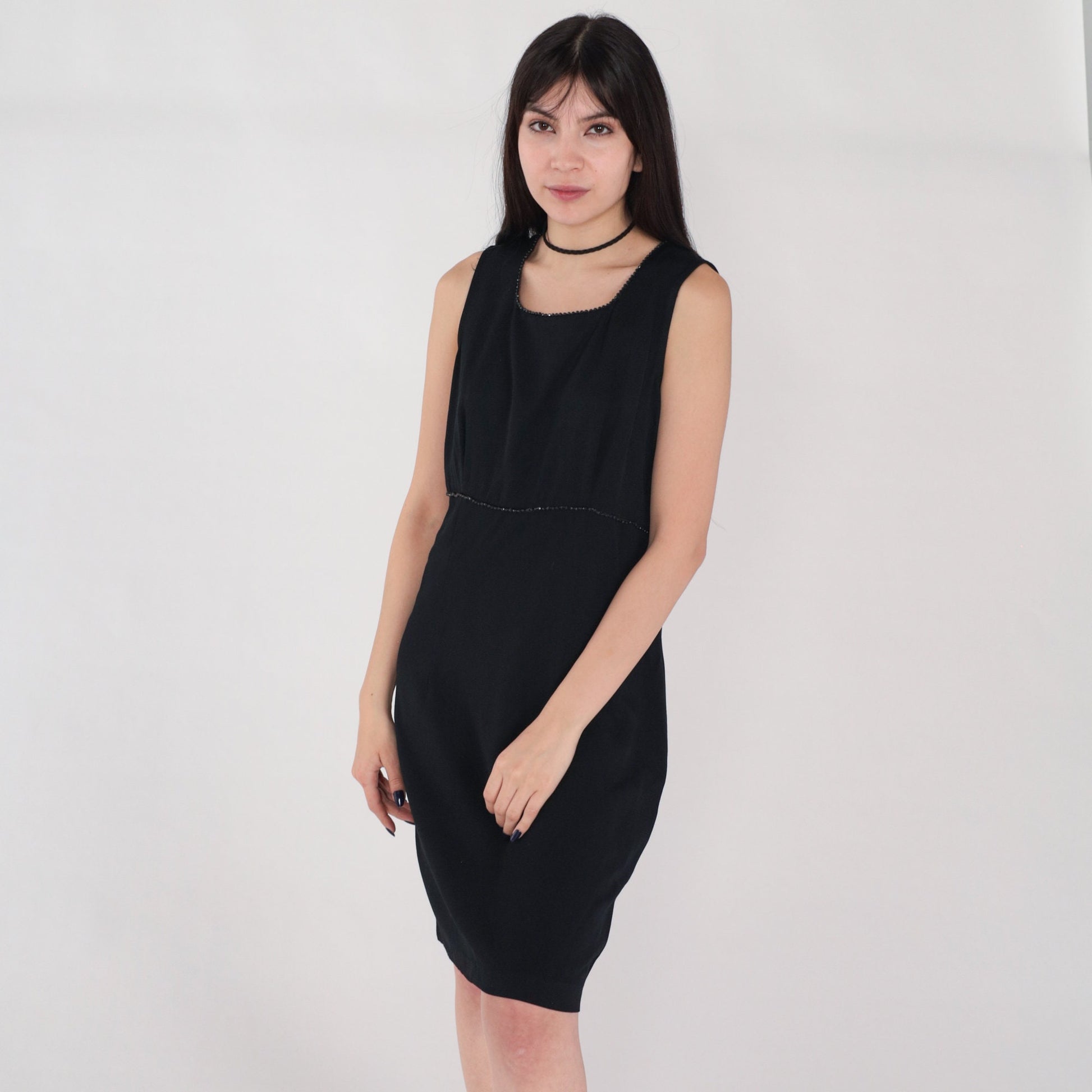90s Black Mini Dress Beaded Sheath Sleeveless Rear Zip Medium 10