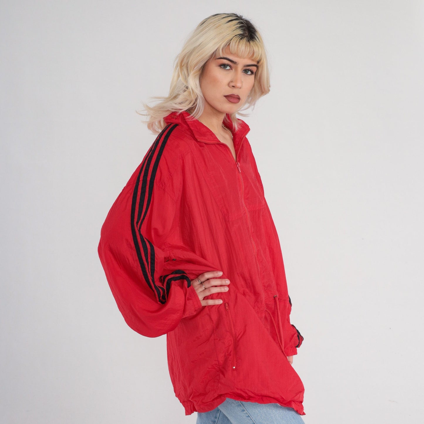90s Red Striped Nylon Windbreaker Zip Jacket Black Sleeves Men's Extra Large