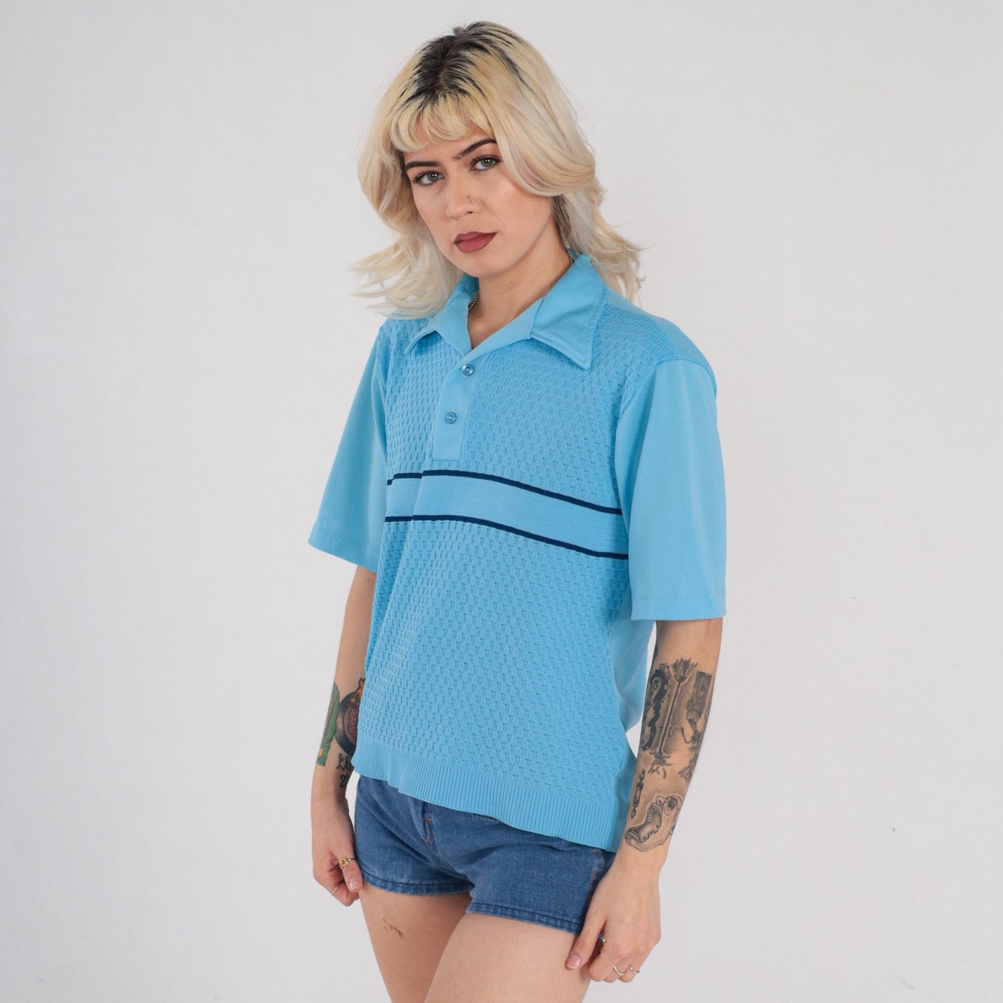 70s Blue Striped Polo Shirt Basket Weave Collared Short Sleeve Medium