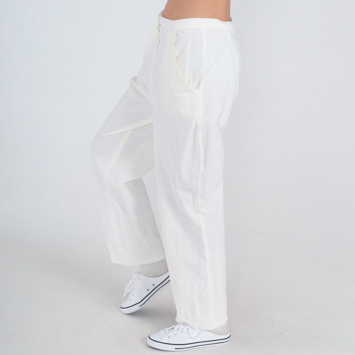 80s White Linen Straight Leg Trousers High Waist Vintage Medium M