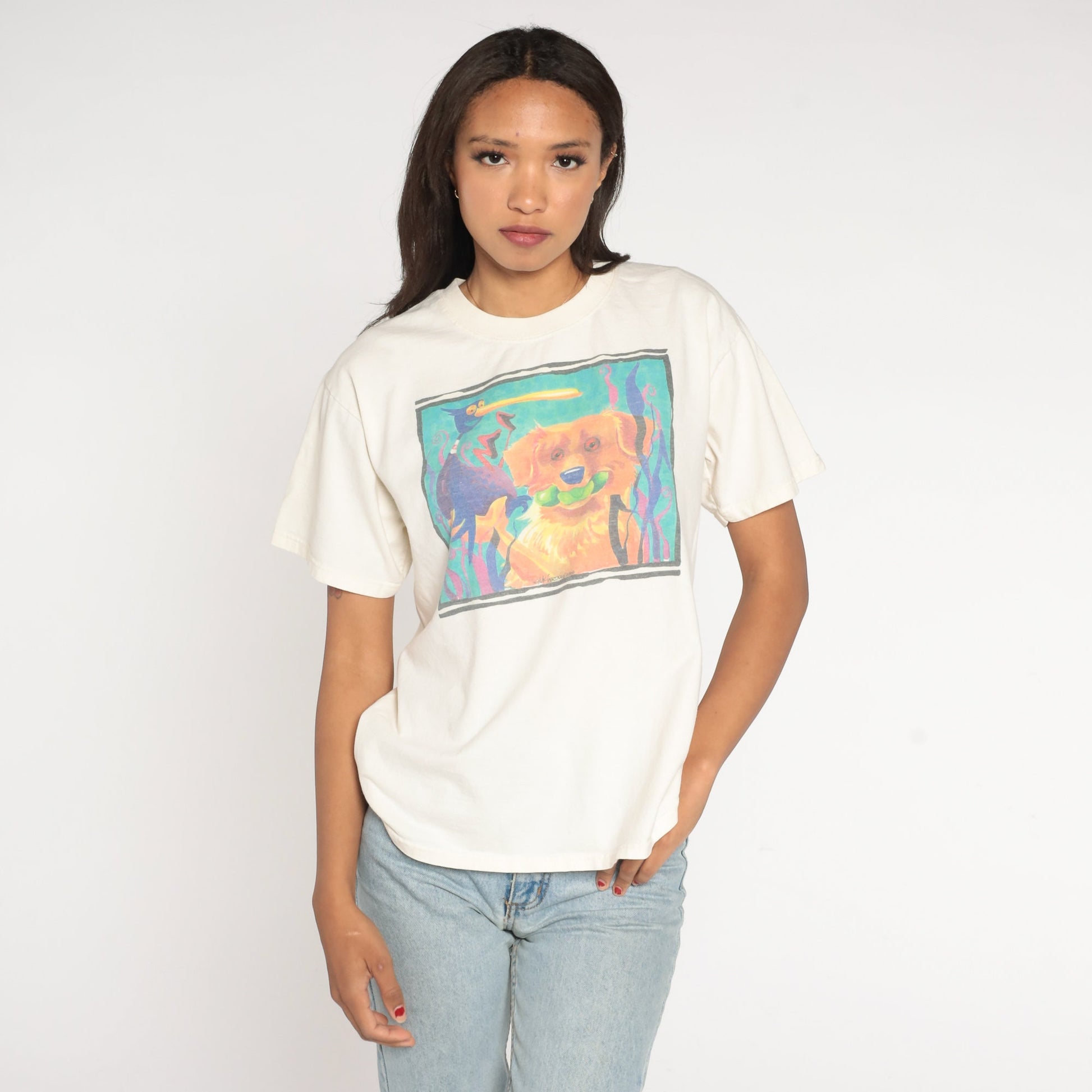 90s Mike McCarthy Dog Art Graphic T-Shirt Cotton Medium Large