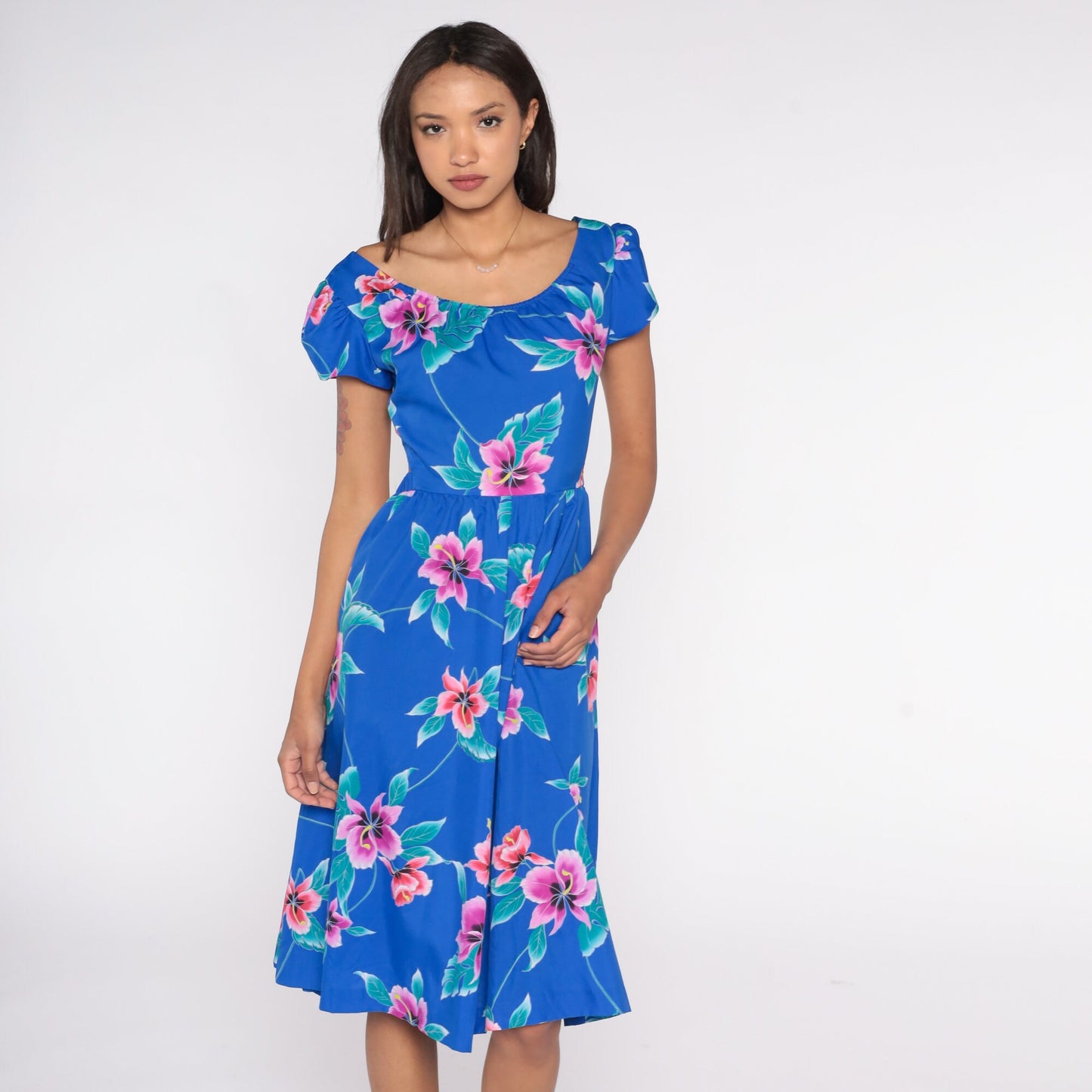 80s Tropical Floral Midi Dress Blue Keyhole Back Puff Sleeve High Waist Small