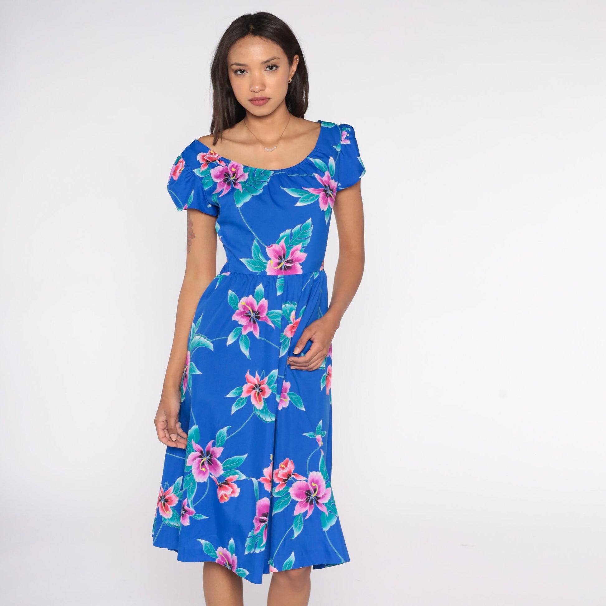 80s Tropical Floral Midi Dress Blue Keyhole Back Puff Sleeve High Waist Small