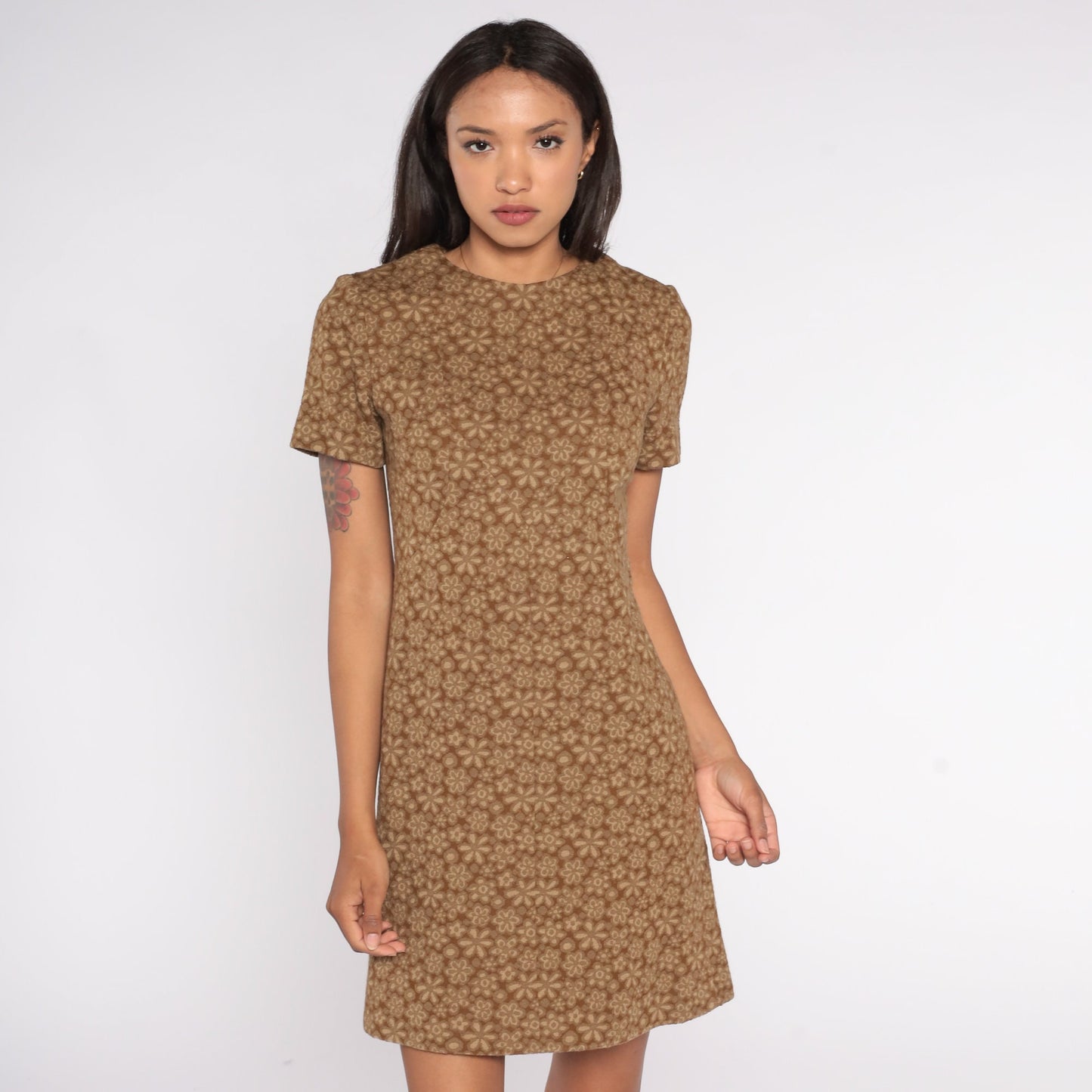 60s Floral Brown Wool Blend Shift Mini Dress Short Sleeve Extra Small