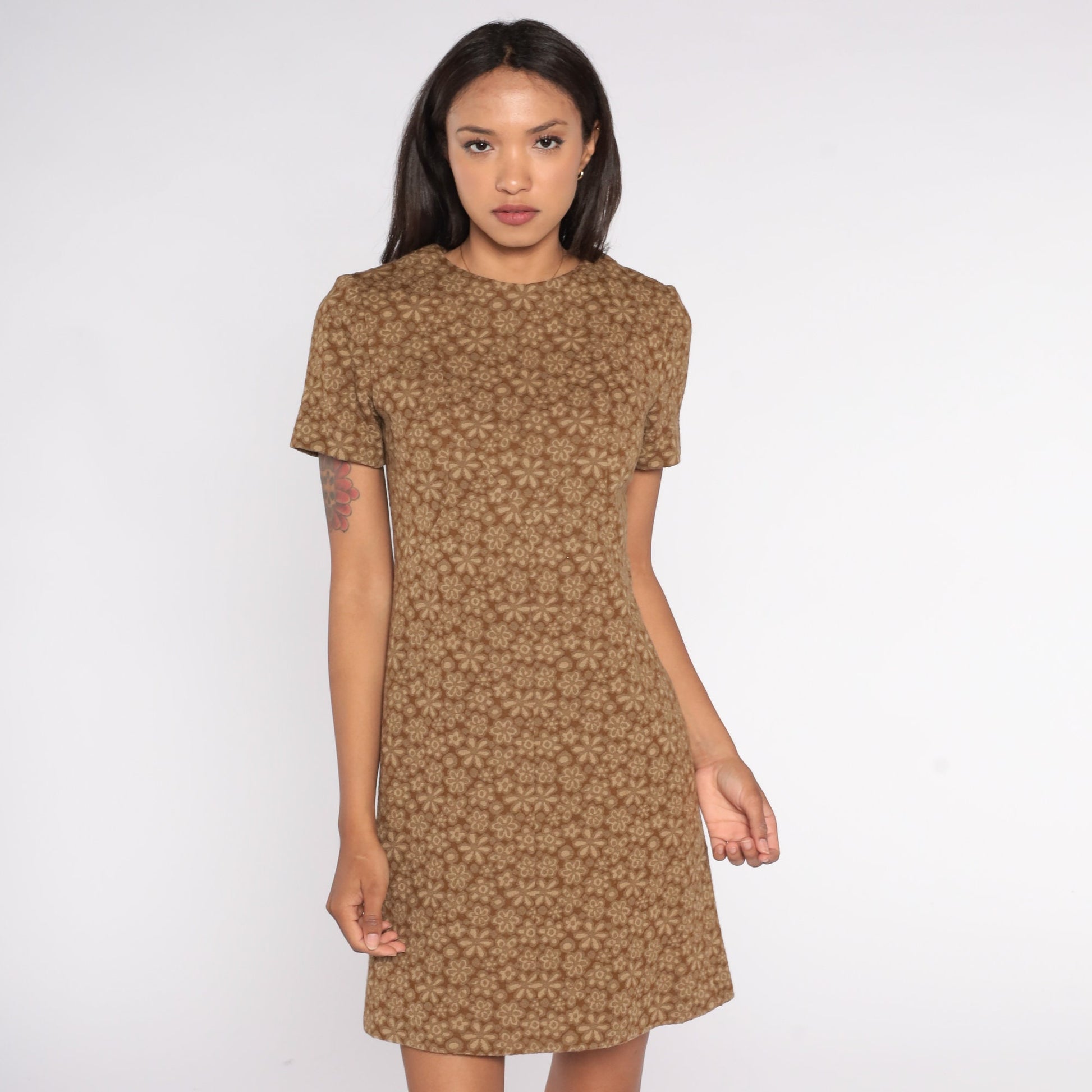 60s Floral Brown Wool Blend Shift Mini Dress Short Sleeve Extra Small