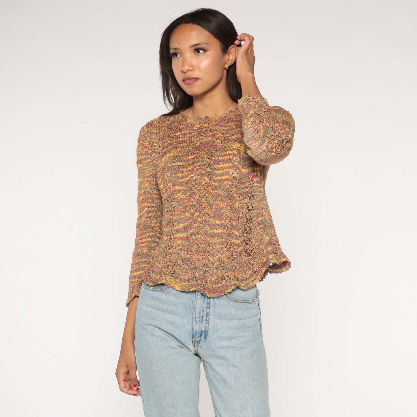 00s Space Dye Open Weave Pointelle Sweater Cut Out Knit Small