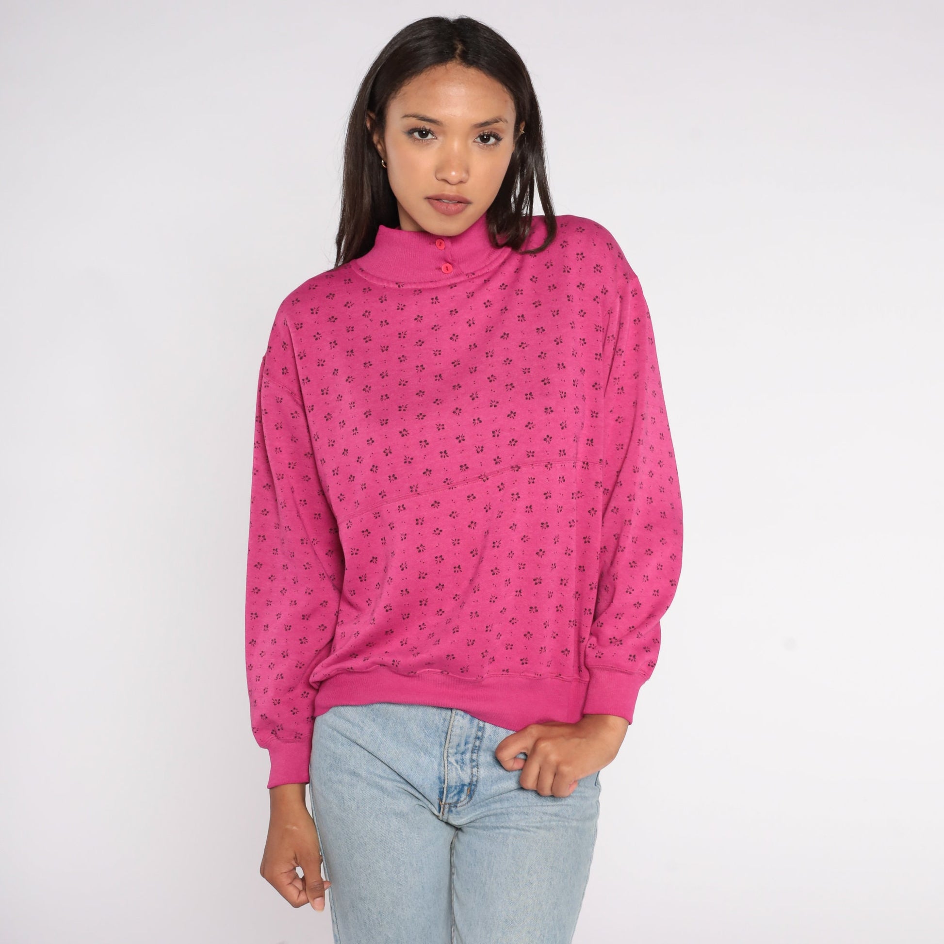 80s Floral All Over Print Sweatshirt Pink Mock Neck Medium