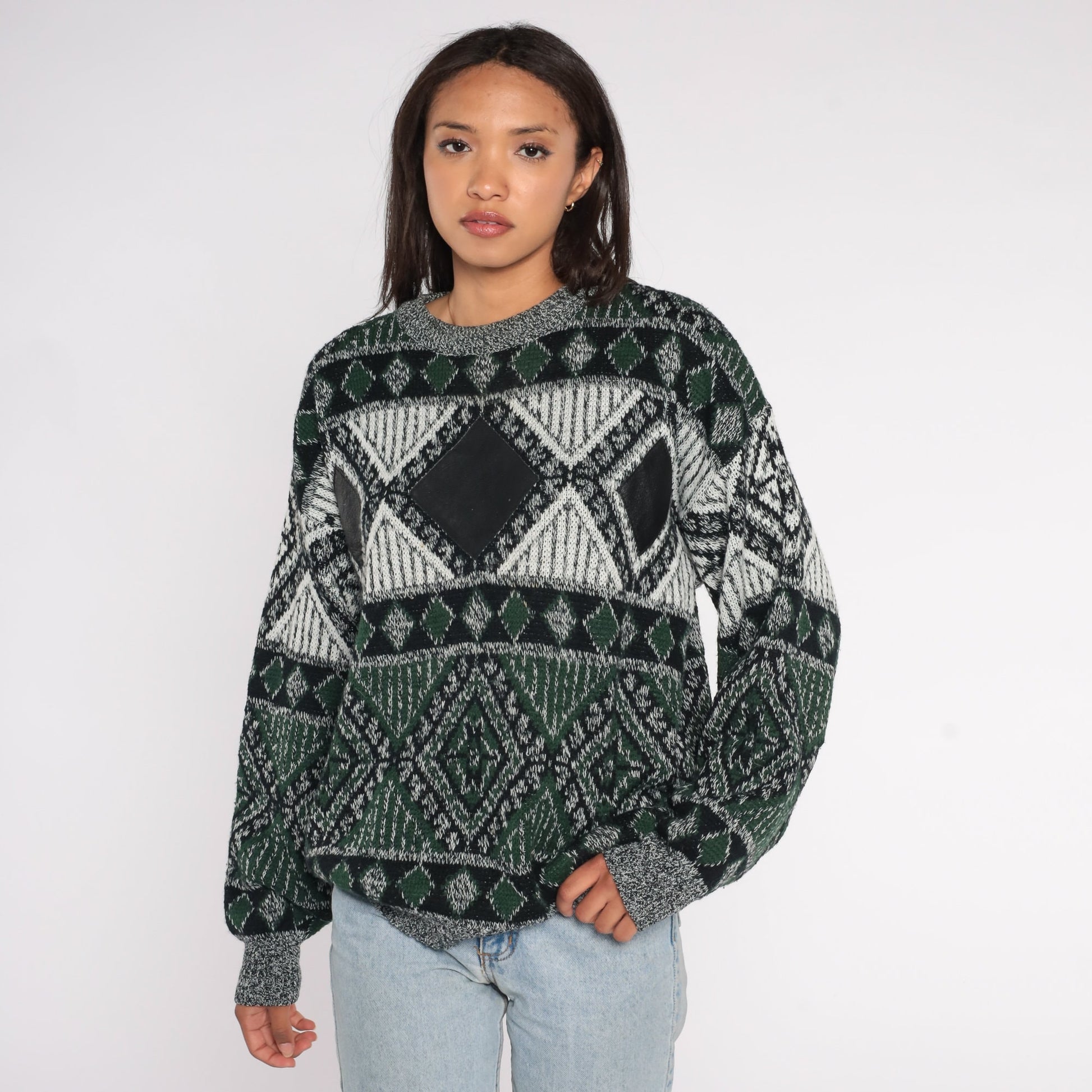 90s Geometric Leather Patch Crewneck Sweater Green Large L