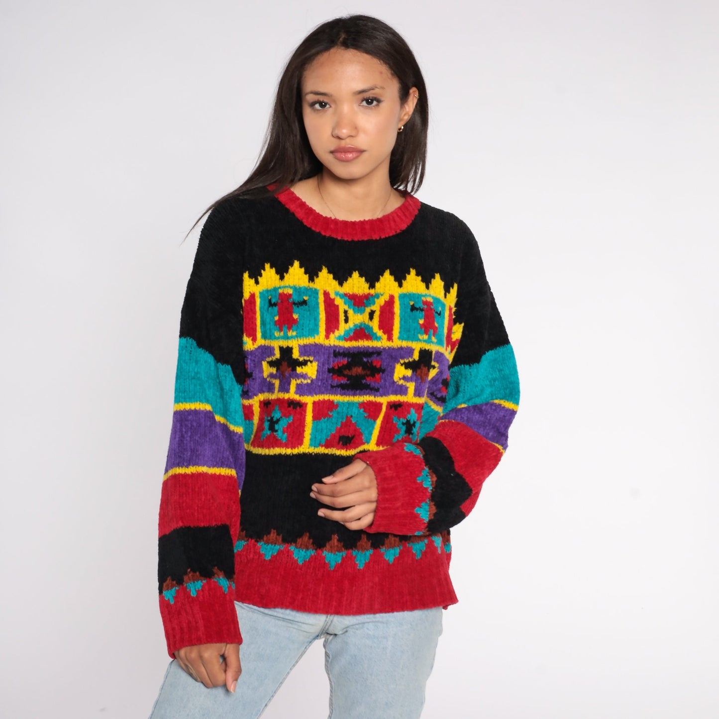 90s Geometric Chenille Sweater Red Black Star People Pullover Extra Large XXL