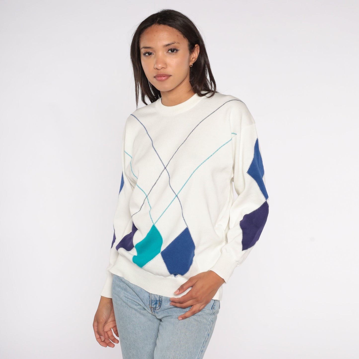 90s Geometric Diamond Jacquard Sweater White Blue Pullover Extra Large XXL