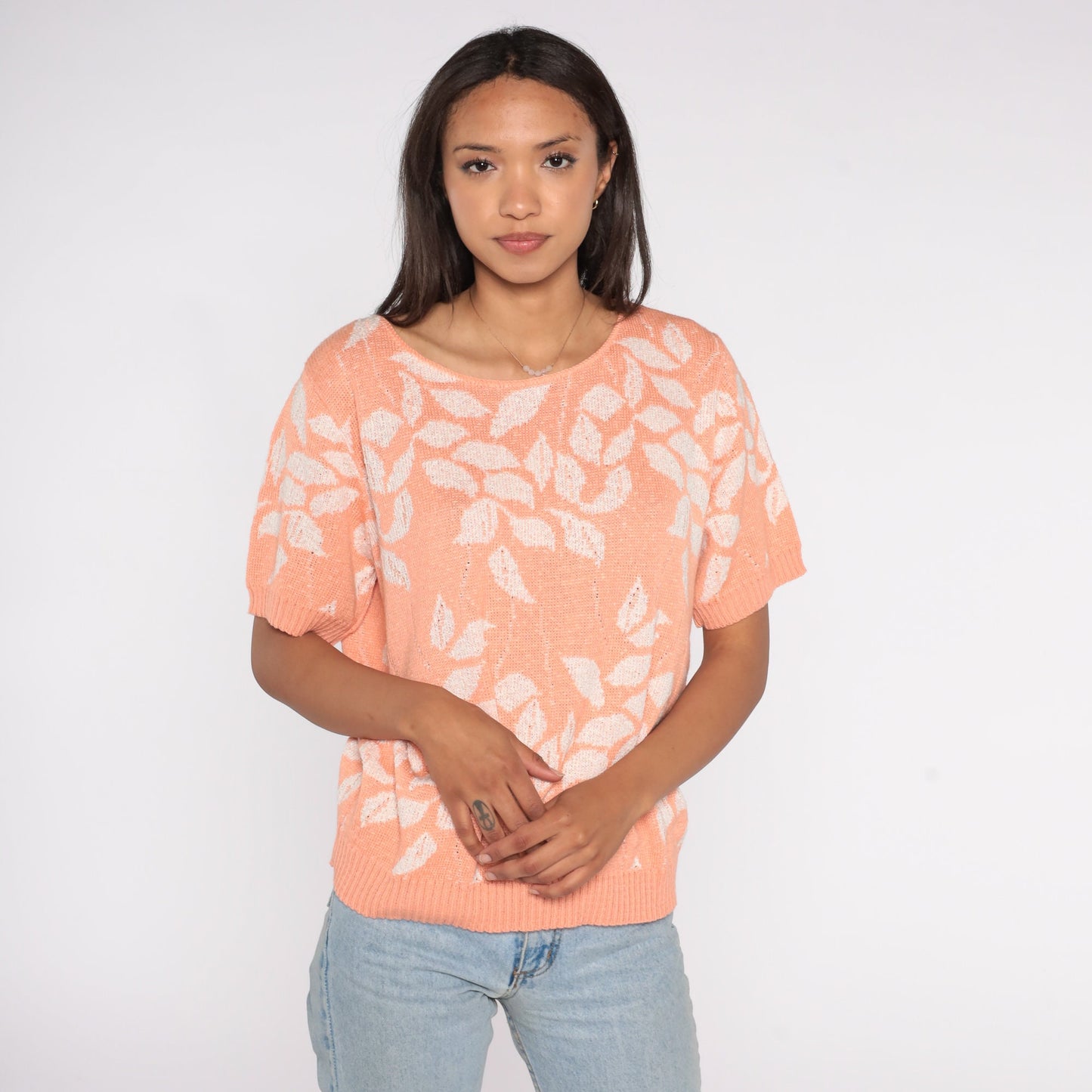 80s Orange Leaf Knit Sweater Short Sleeve Botanical Print Extra Large XXL