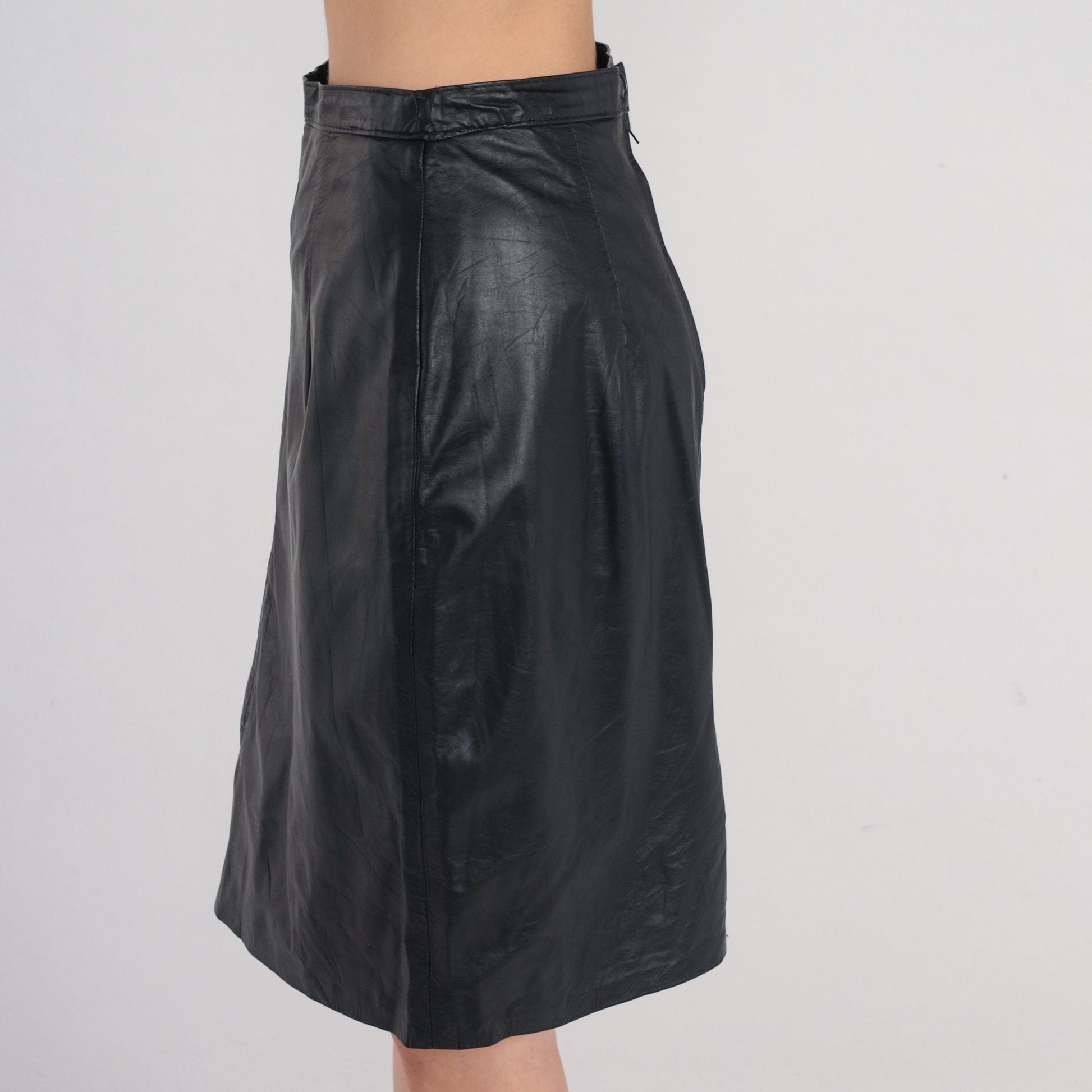 90s Black Leather Mini Pencil Skirt High Rise Small S