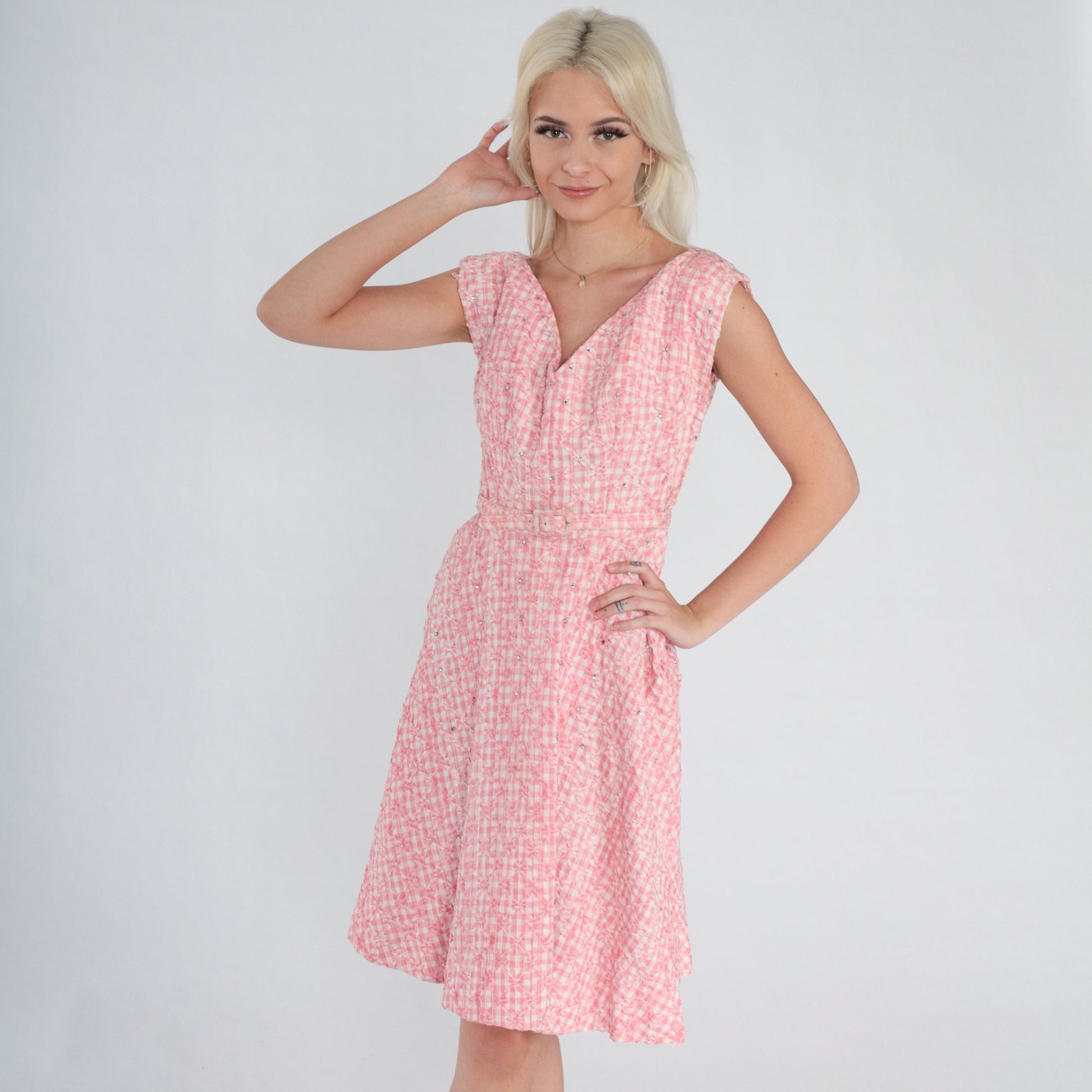1950s Pink Gingham Mini Dress Rhinestone Cap Sleeve V Neck High Waist Small