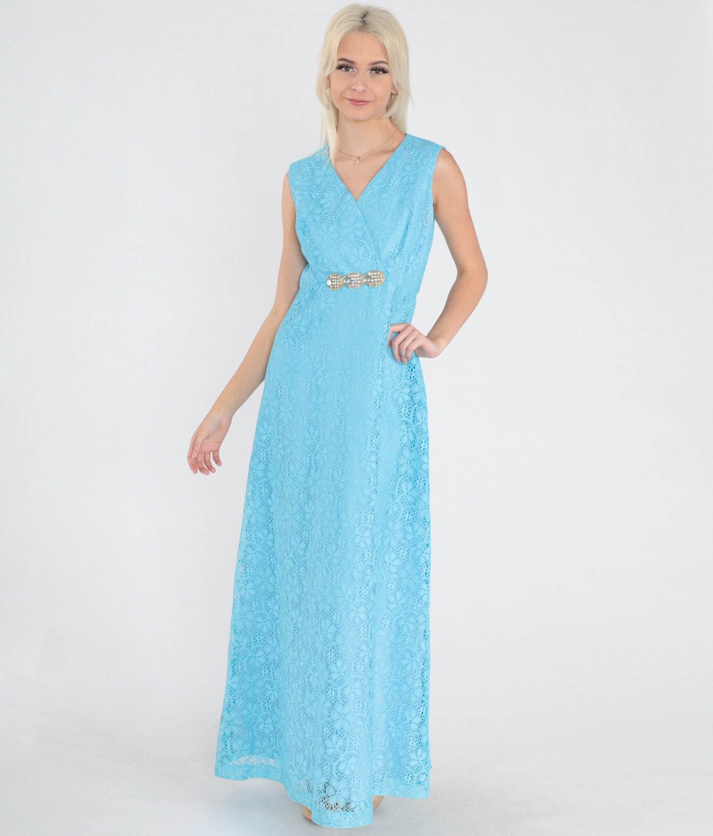 70s Blue Floral Lace Maxi Dress Rhinestone Empire Waist V Neck Small