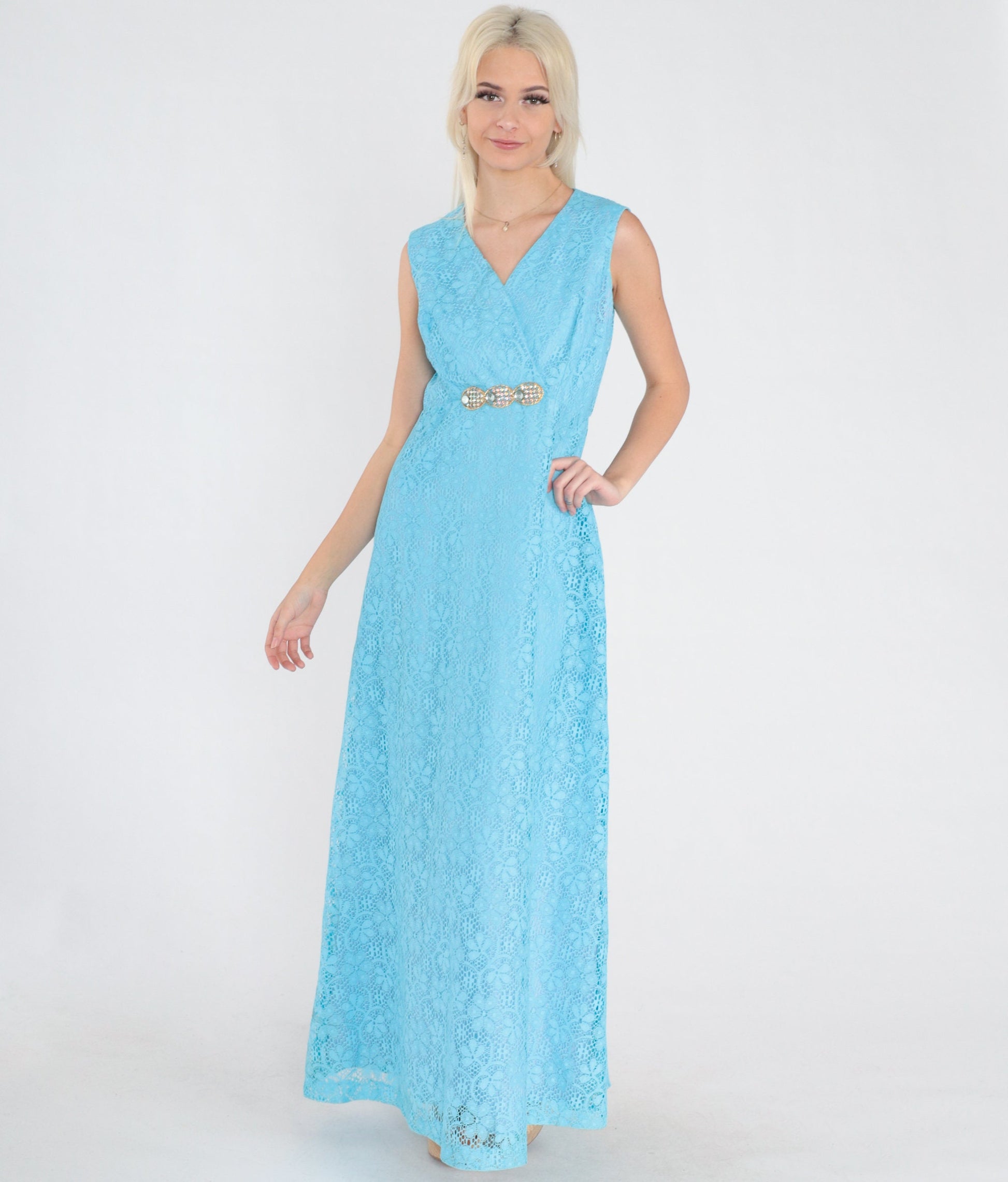 70s Blue Floral Lace Maxi Dress Rhinestone Empire Waist V Neck Small