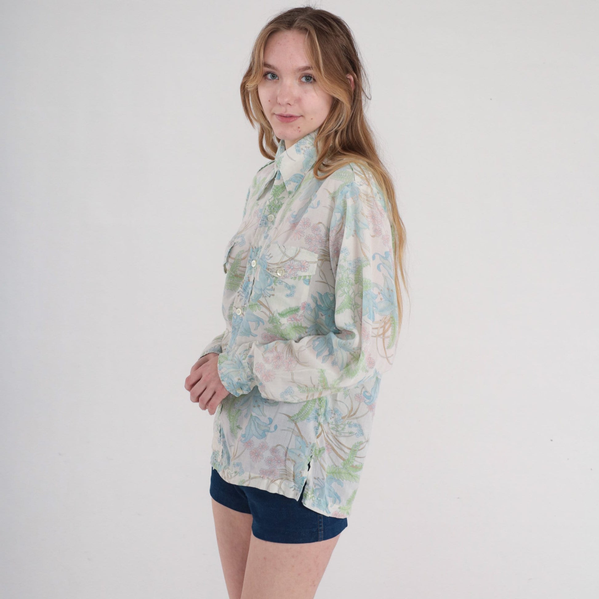 70s Botanical Floral Button-Up Shirt Fern Leaf Print Long Sleeve Large L