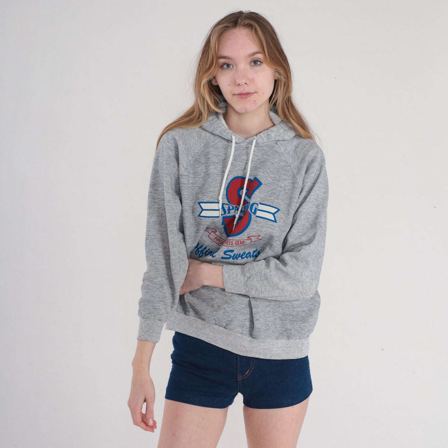 90s Spalding Hoodie Heather Grey Raglan Athletic Logo Pullover Medium