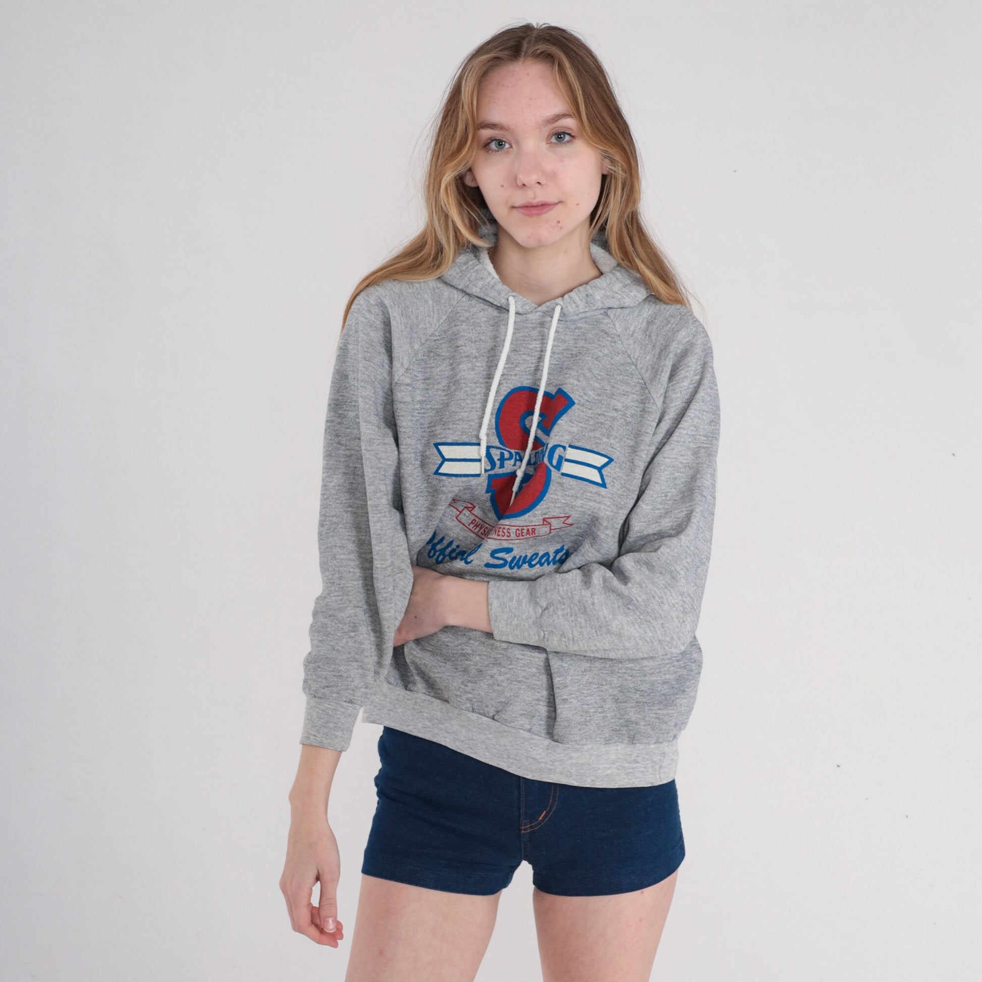 90s Spalding Hoodie Heather Grey Raglan Athletic Logo Pullover Medium