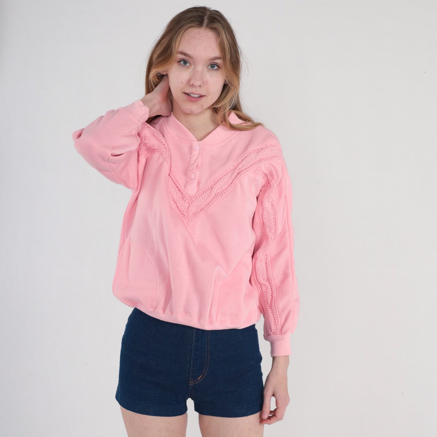80s Pink Cable Knit Henley Sweatshirt Snap Pullover Small