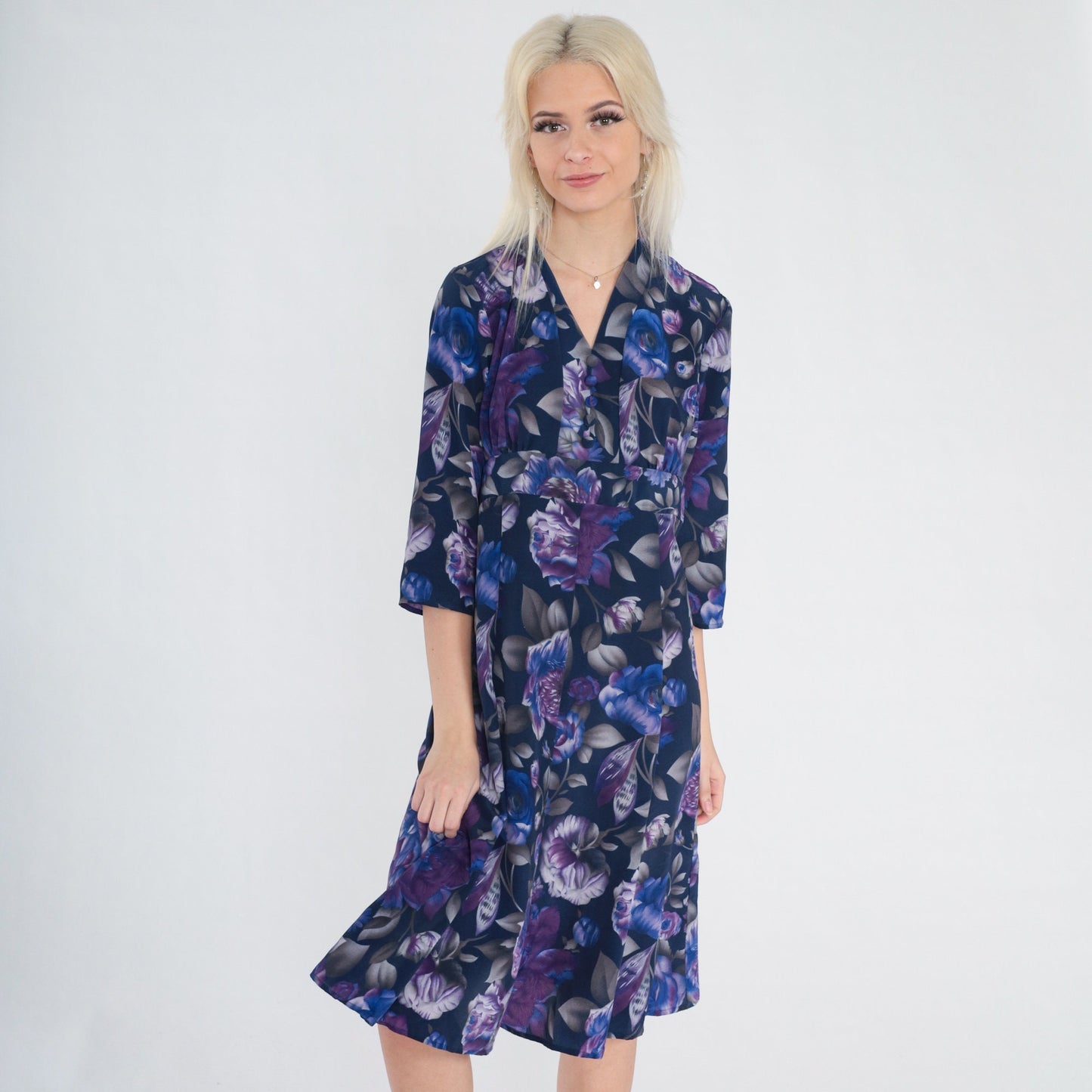 70s Purple Rose Floral Midi Dress Empire Waist V-Neck Button Front Small