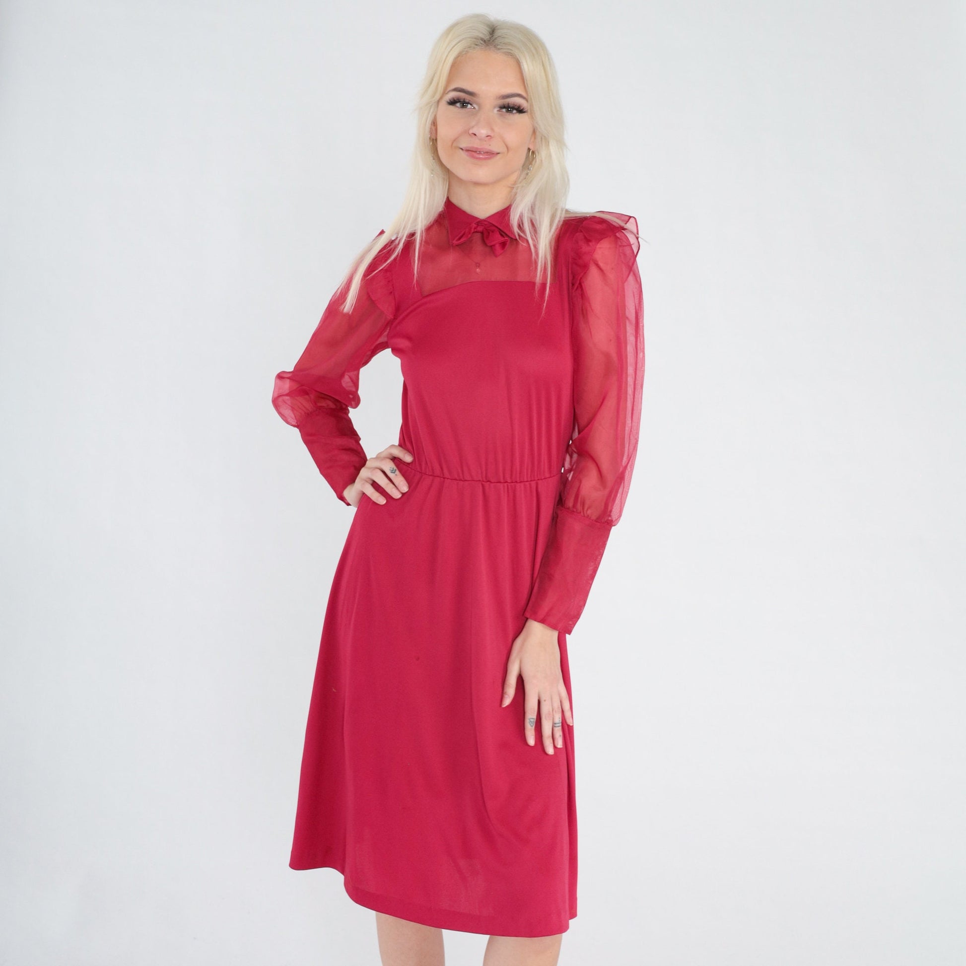 70s Raspberry Red Midi Dress Collared Bow Tie Ruffled Sheer Sleeve Extra Small
