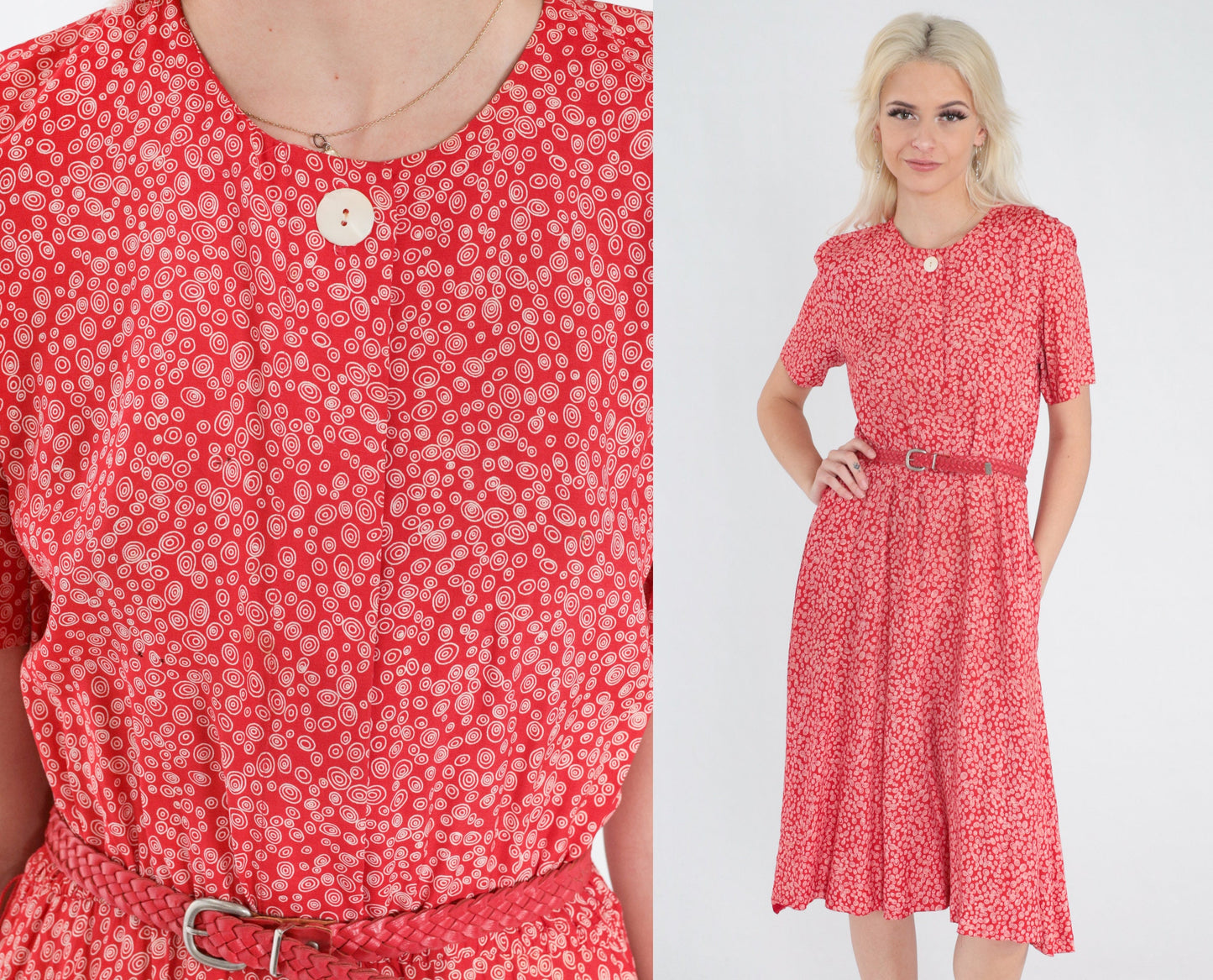 90s Talbots Red Swirl Print Midi Dress Button-Up High Waist Short Sleeve XS