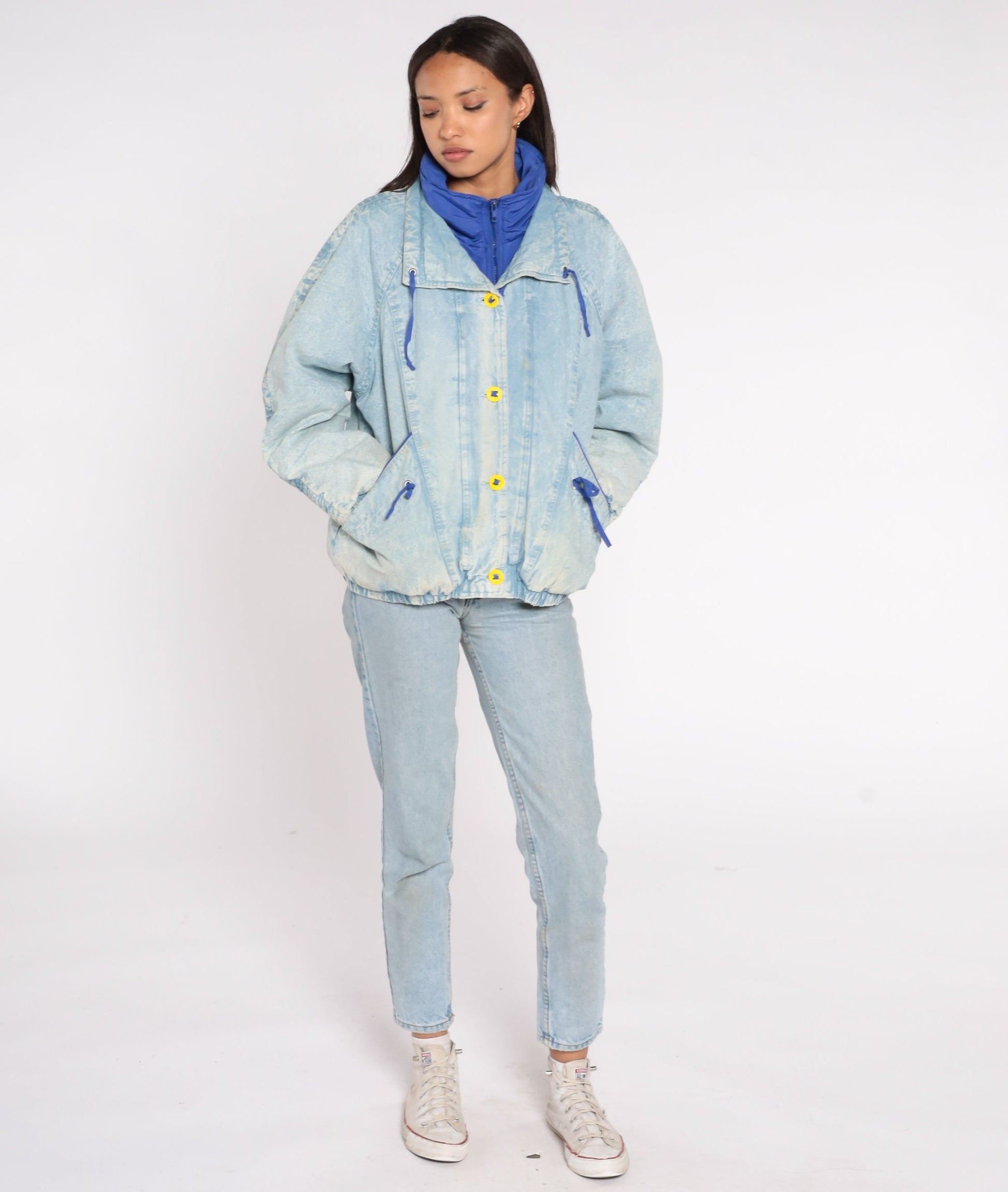 90s Acid Wash Denim Puffer Jacket Blue Funnel Neck Button Up Small S