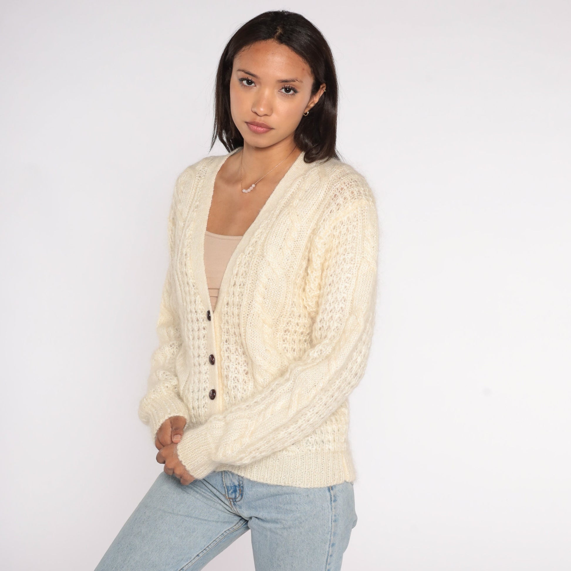 90s Karen Scott Cable Knit Cardigan Cream Wool Mohair V Neck Medium