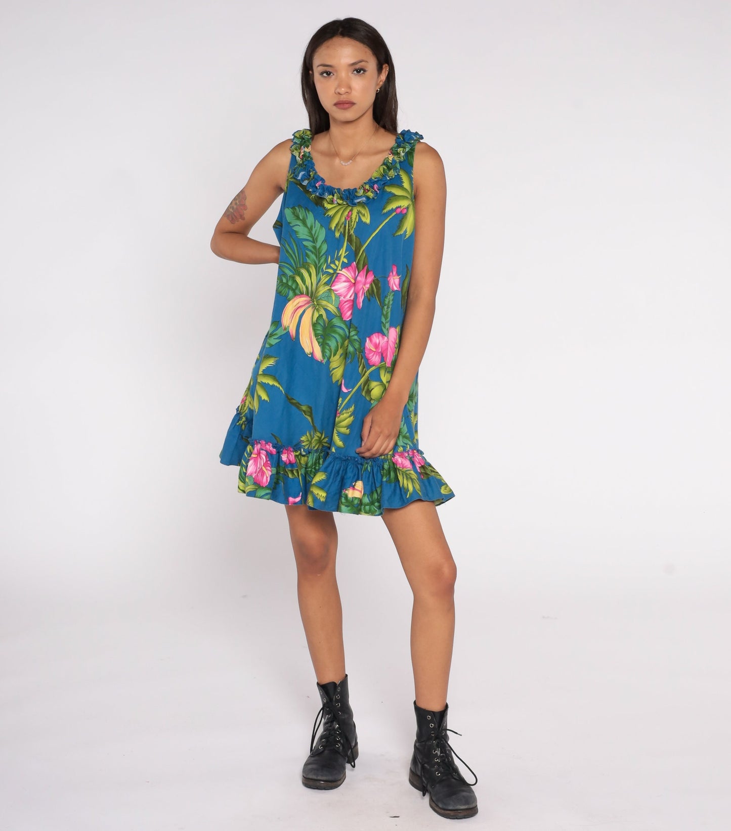 Y2K Tropical Floral Banana Mini Dress Sleeveless Ruffled Trim Green Blue Pink Large