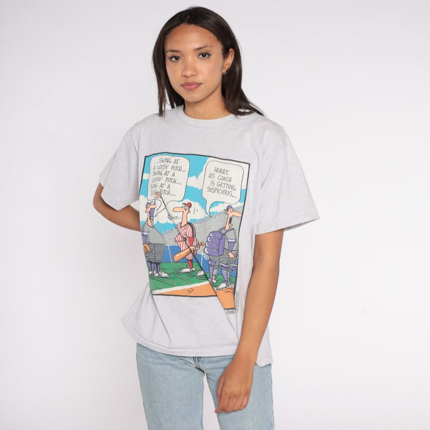 90s In The Bleachers Baseball Comic Graphic T-Shirt Grey Large