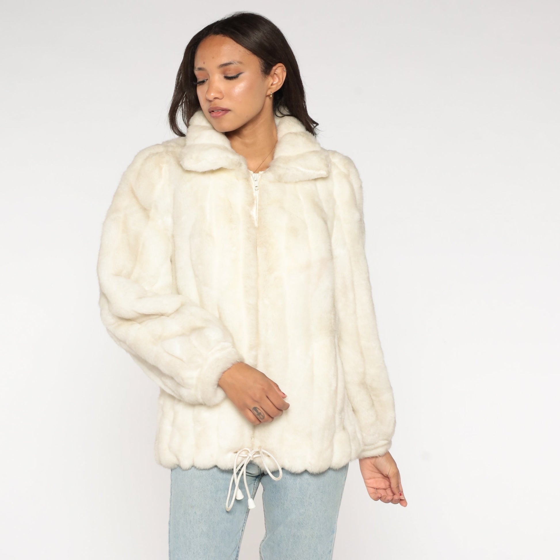 80s Jordache Faux Fur Coat Cream Zip-Up Jacket Medium