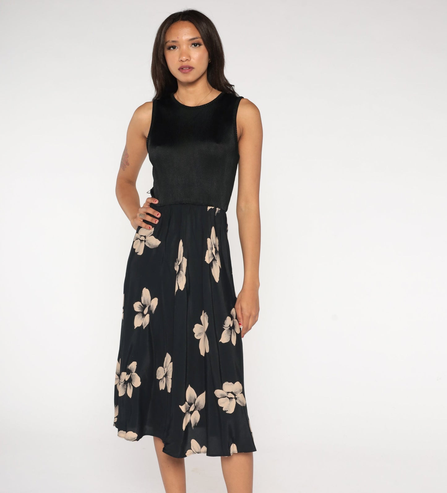 90s Black Floral Midi Dress Ribbed High Waist Sleeveless Small Medium