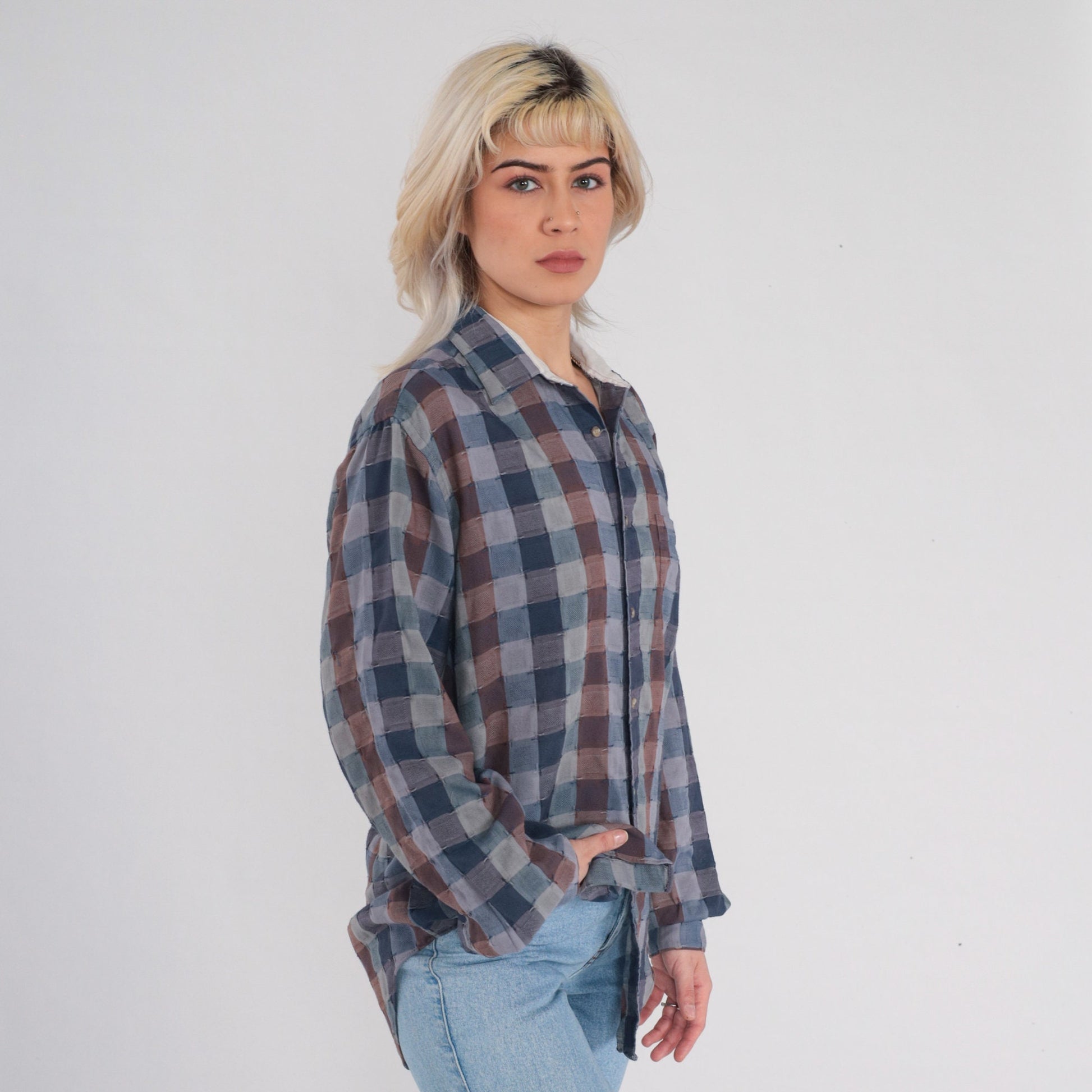 90s Grey Checkered Button-Up Shirt Long Sleeve Plaid Collared Small