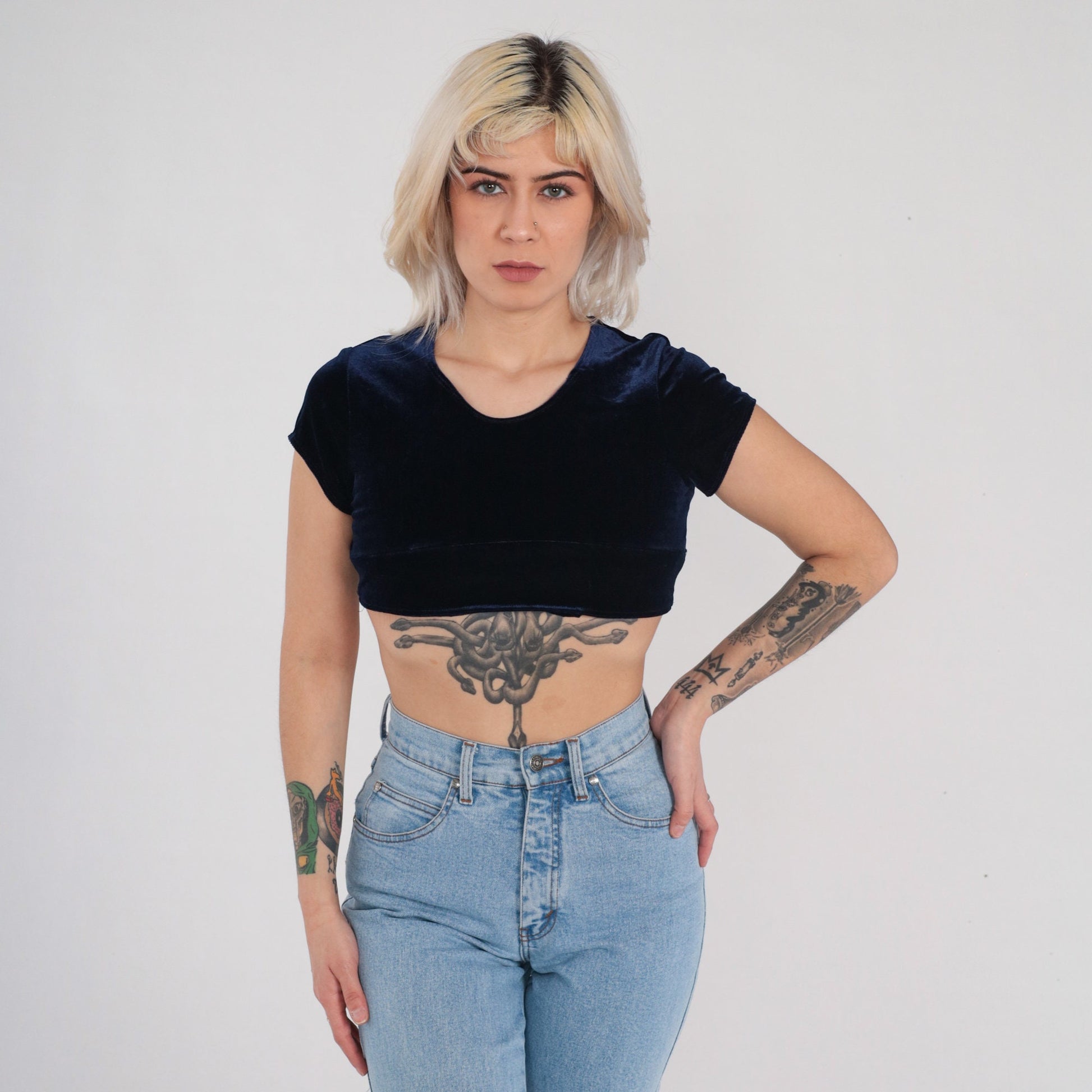 Y2K Navy Velvet Crop Top Short Sleeve Blouse Small XS
