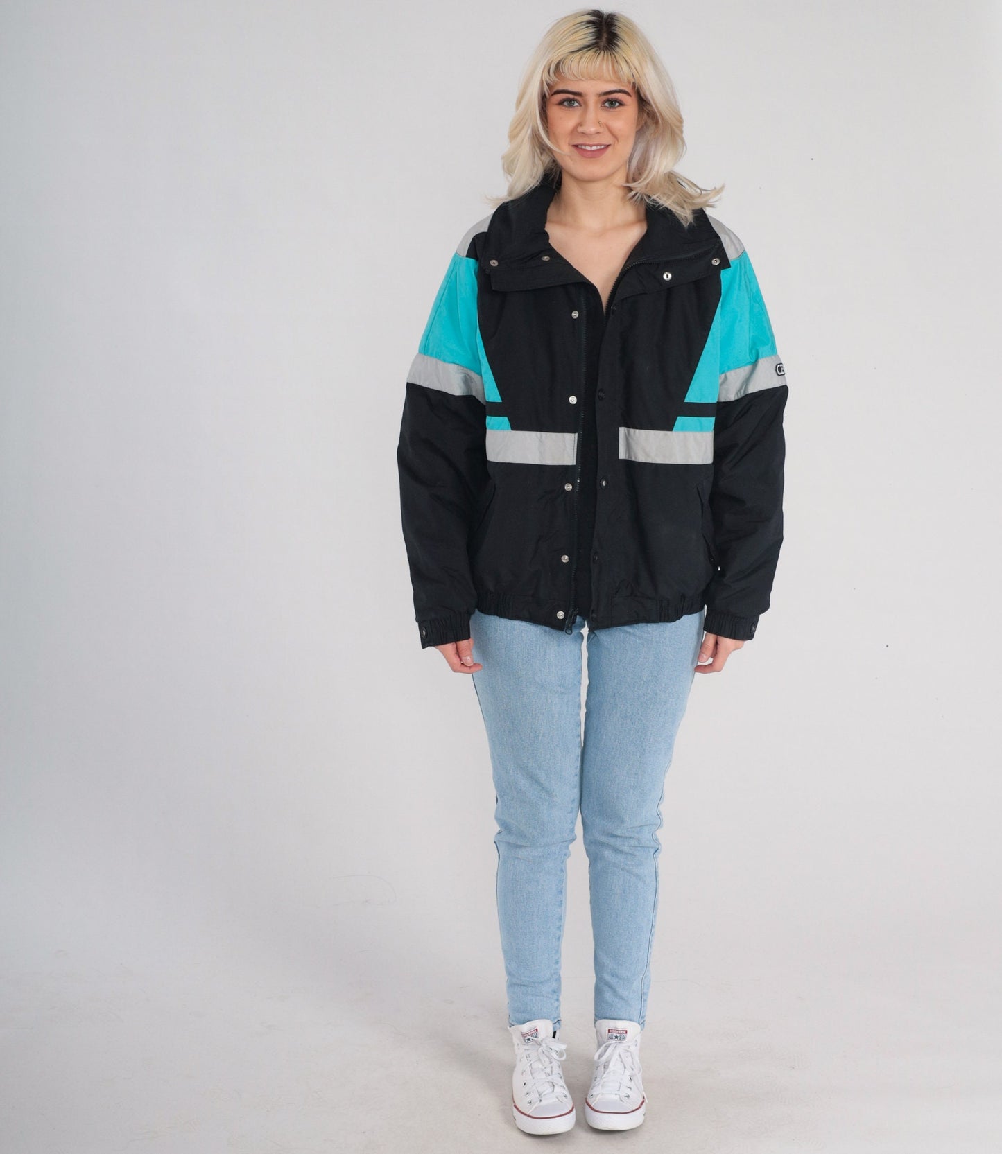 80s Thinsulate Puffer Jacket Black Blue Color Block Ski Coat Large