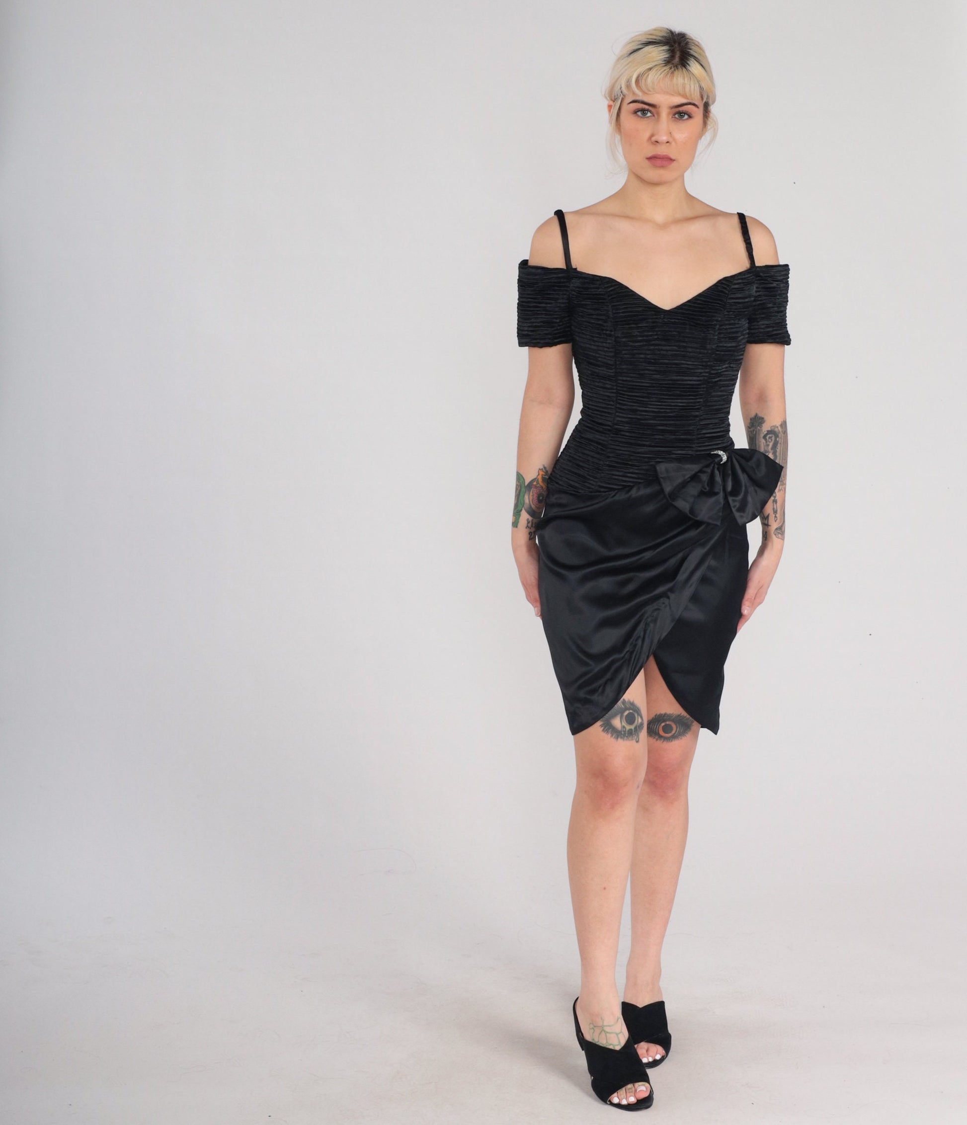 90s Zum Zum Black Velvet Mini Dress Off-Shoulder Rhinestone Bow XS
