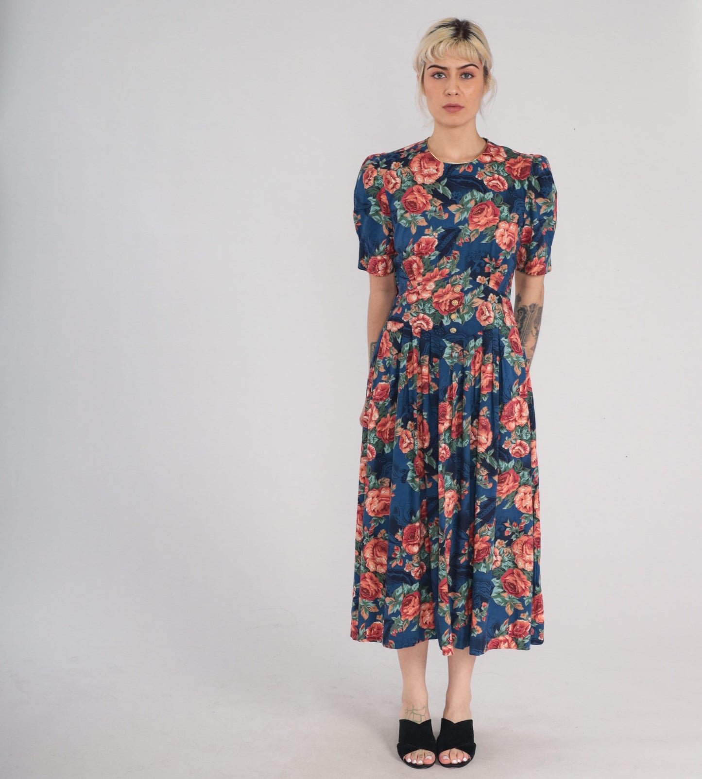 90s Navy Floral Midi Dress Puff Sleeve High Basque Waist Rose Print Medium M