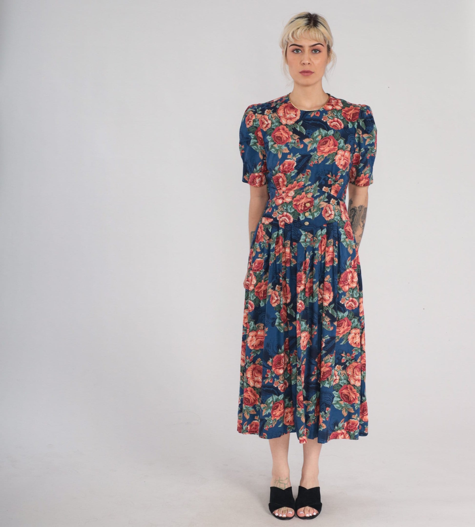 90s Navy Floral Midi Dress Puff Sleeve High Basque Waist Rose Print Medium M