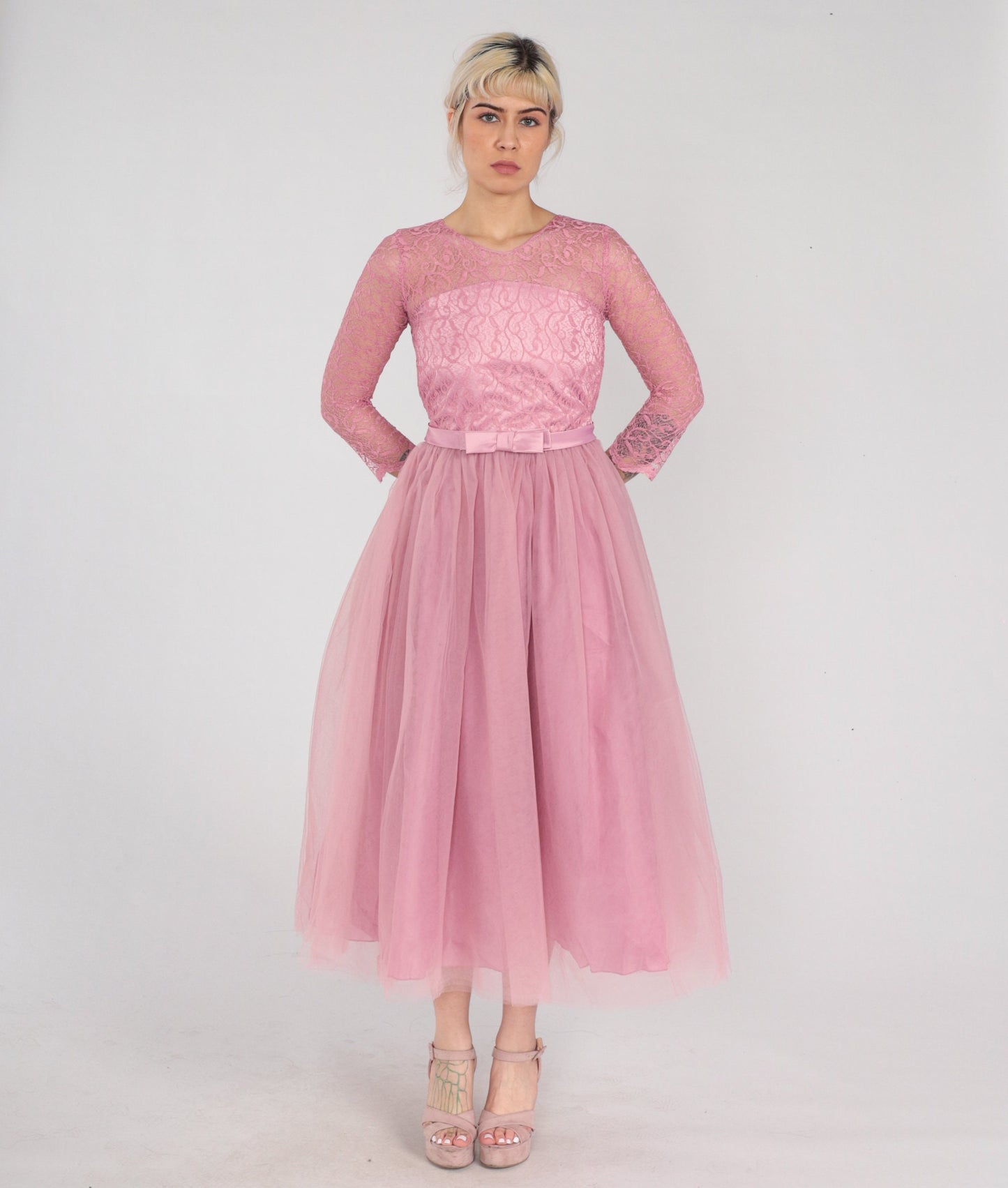 1960s Pink Lace Tulle Midi Dress High Waist Illusion Neckline XXS